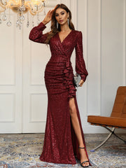 Surplice Neck Split Thigh Sequin Dress