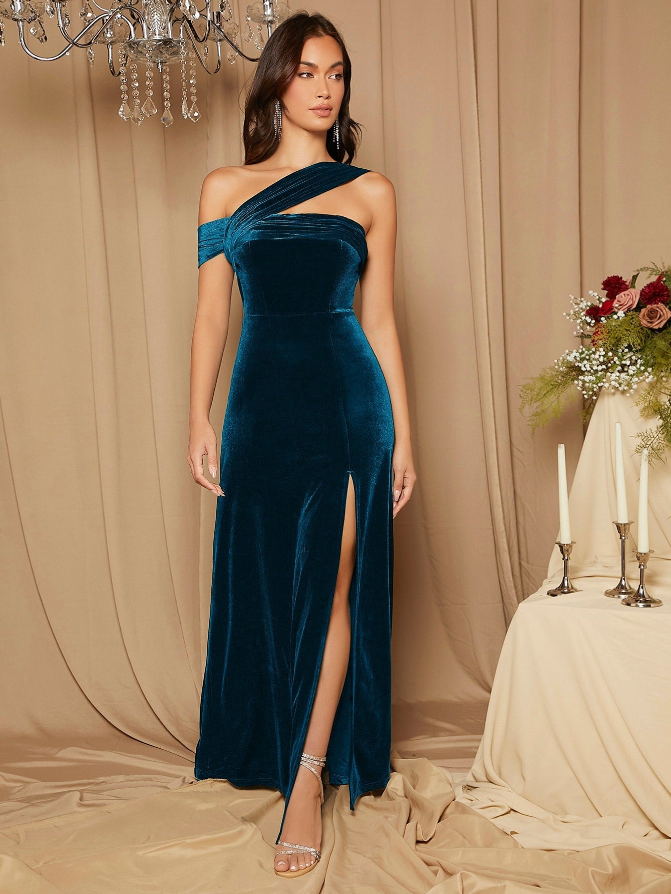 Belle Asymmetric Neckline High Slit Velvet Bridesmaid Formal Dress