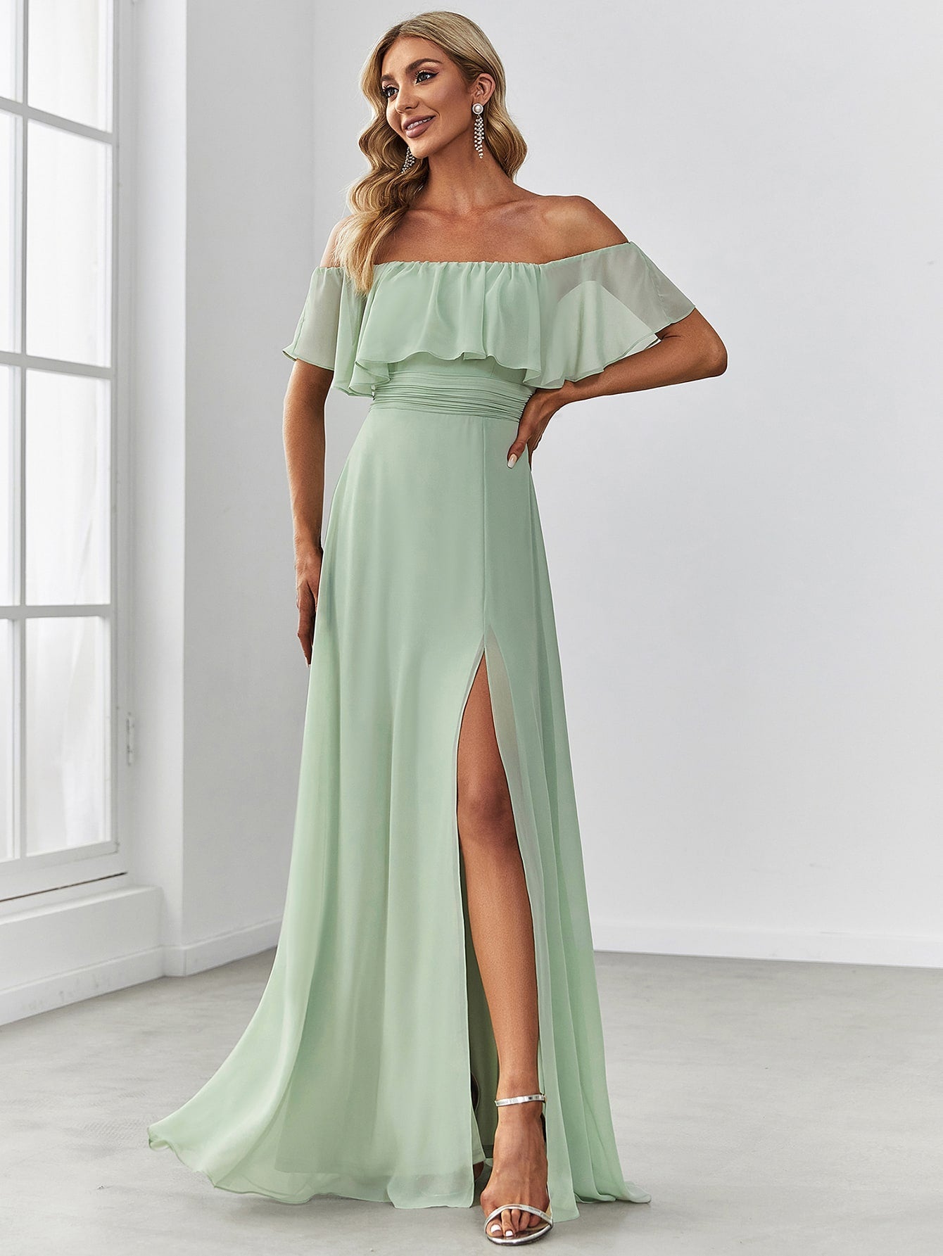 EVER-PRETTY Ruffle Off Shoulder Split Prom Dress