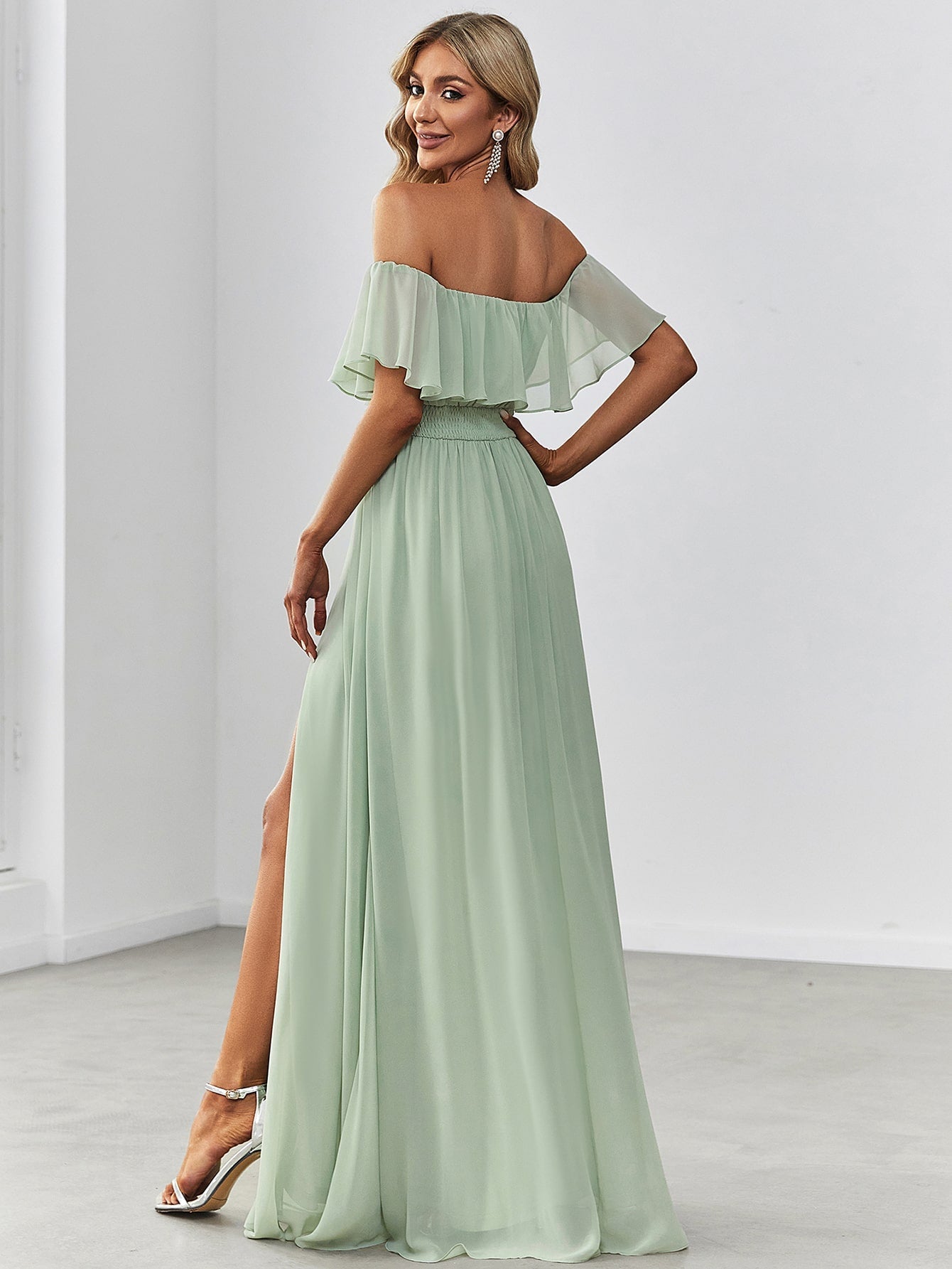 EVER-PRETTY Ruffle Off Shoulder Split Prom Dress