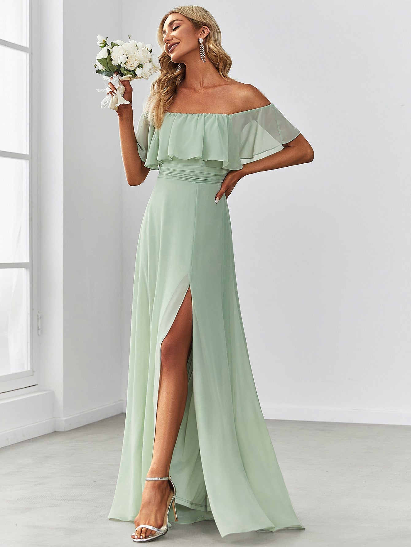 EVER-PRETTY Ruffle Off Shoulder Split Prom Dress