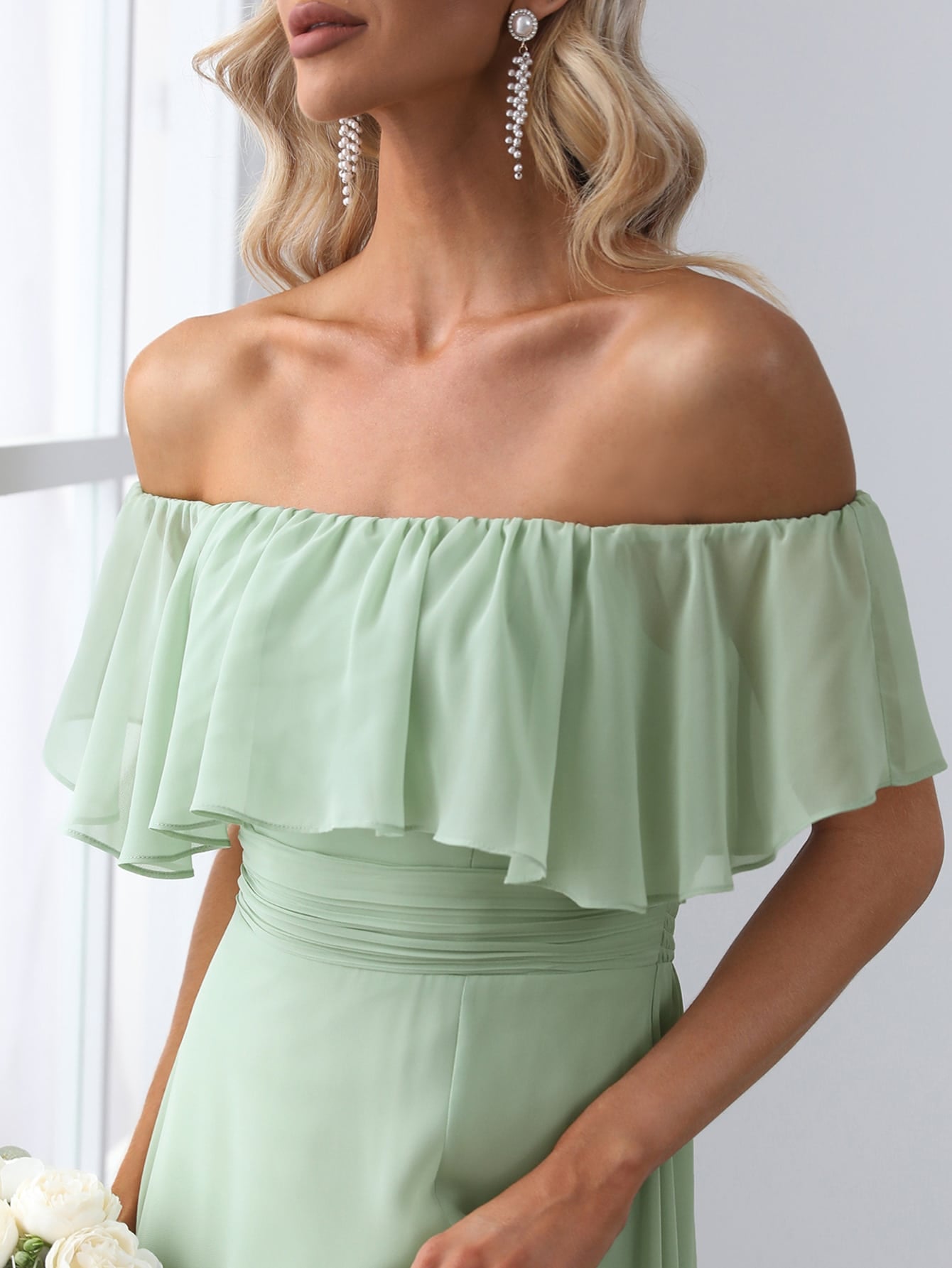 EVER-PRETTY Ruffle Off Shoulder Split Prom Dress