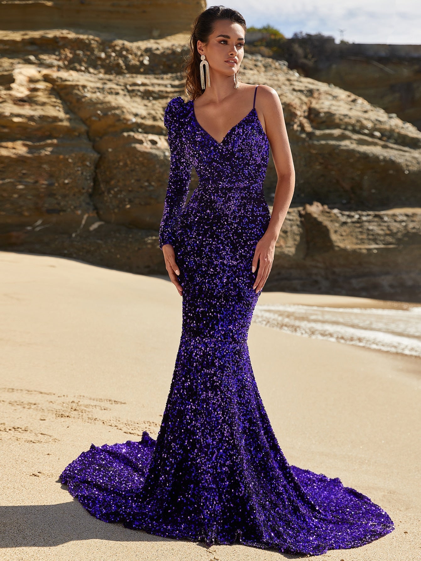 Asymmetrical Neck Sequin Prom Dress