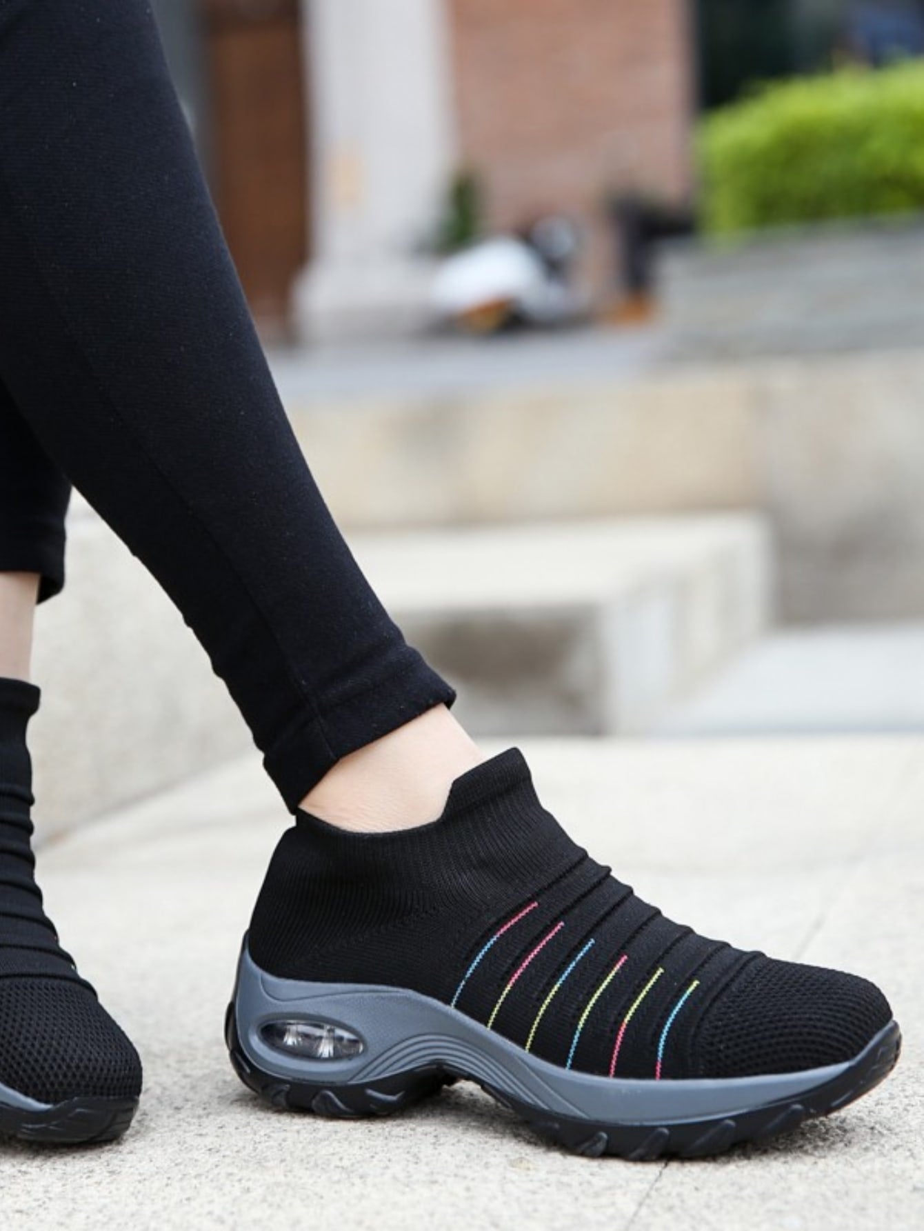 Women'S Breathable Knit Chunky Sneakers, Casual Slip On Air Cushion Shoes, Lightweight Low Top Sock Shoes