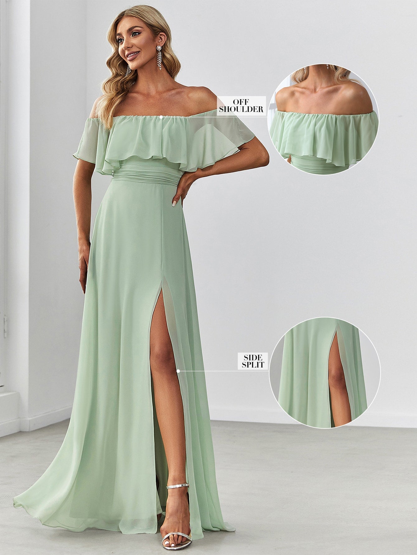 EVER-PRETTY Ruffle Off Shoulder Split Prom Dress