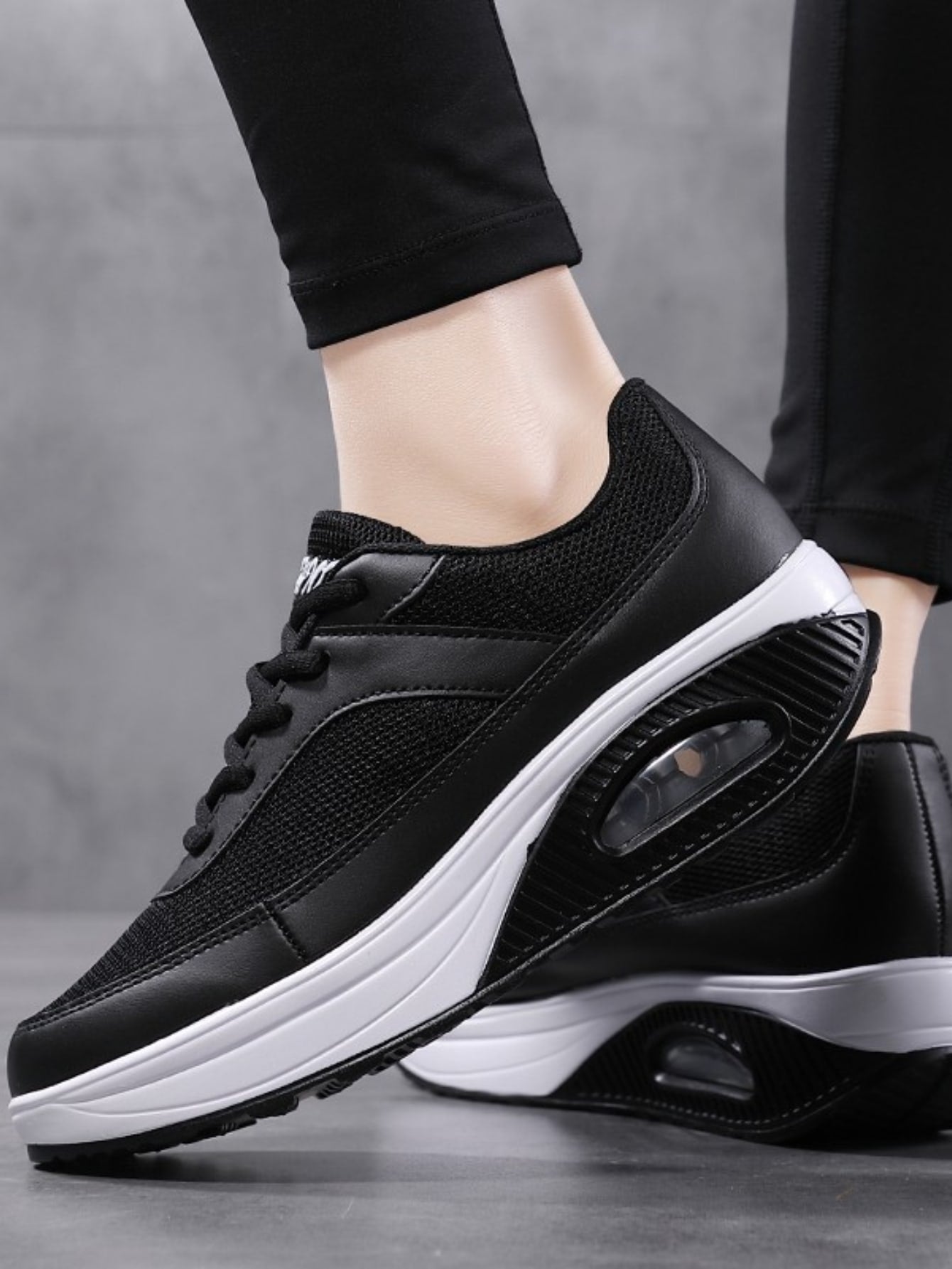 Women's Black Walking Shoes With Sporty Lace-up And Rocker Sole