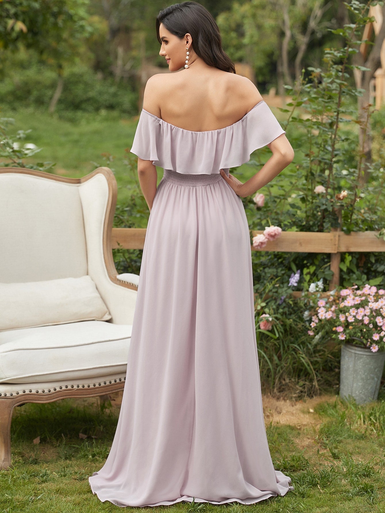 EVER-PRETTY Ruffle Off Shoulder Split Prom Dress