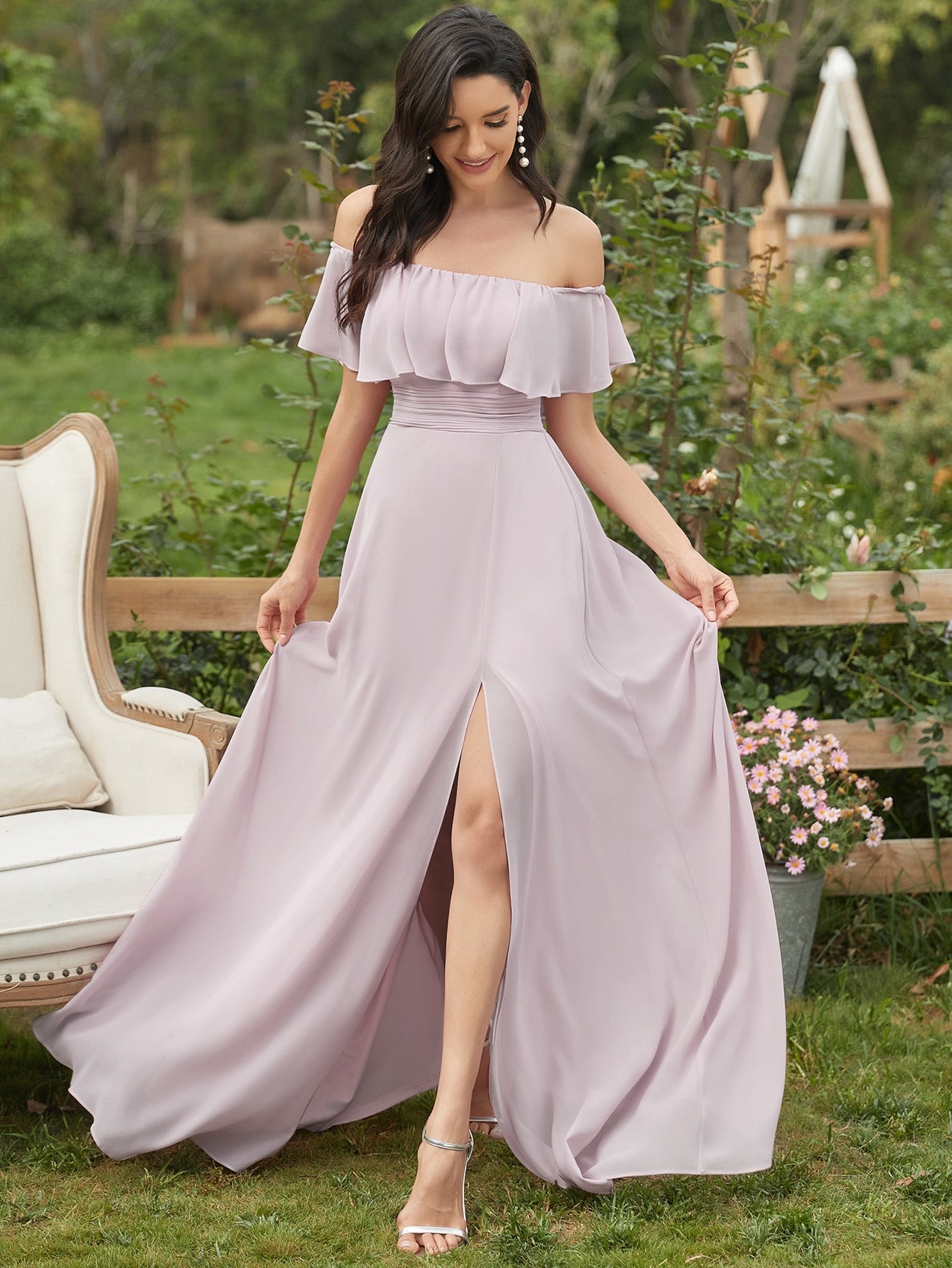 EVER-PRETTY Ruffle Off Shoulder Split Prom Dress