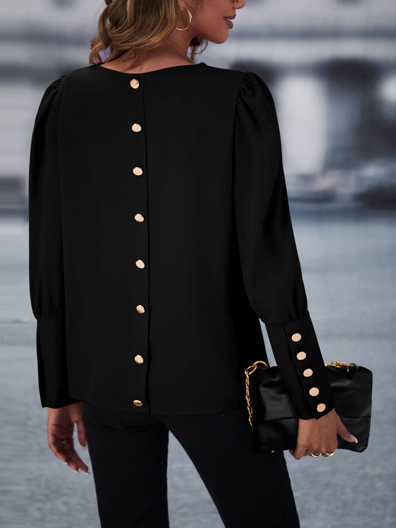 LUNE Puff Sleeve Button Detail Blouse