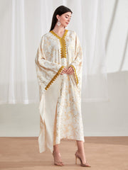 Najma Gold Floral Print Contrast Trim Batwing Sleeve Kaftan