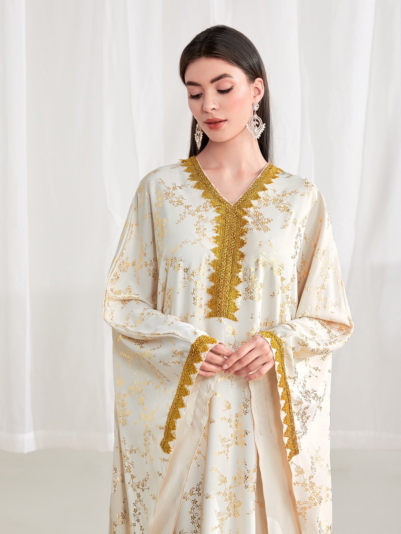 Najma Gold Floral Print Contrast Trim Batwing Sleeve Kaftan