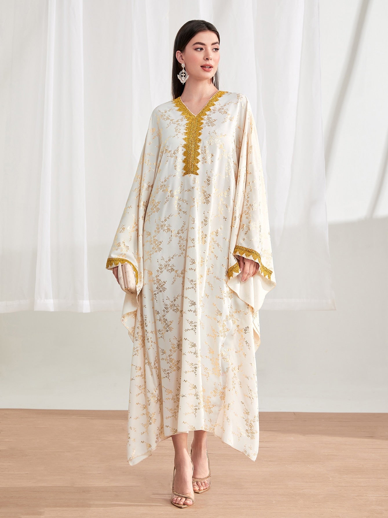 Najma Gold Floral Print Contrast Trim Batwing Sleeve Kaftan