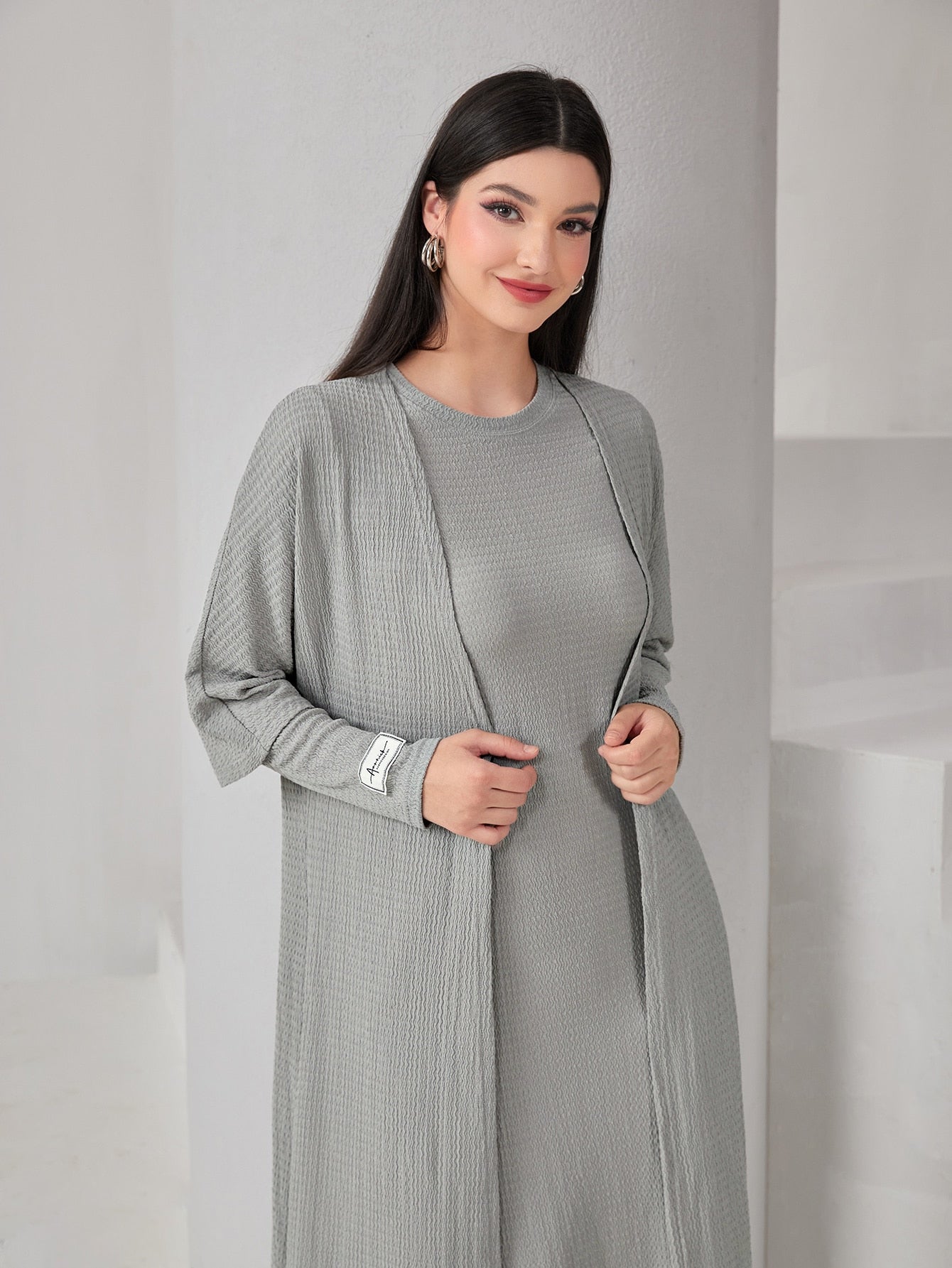 Mulvari Textured Knit Open Front Abaya & Dress