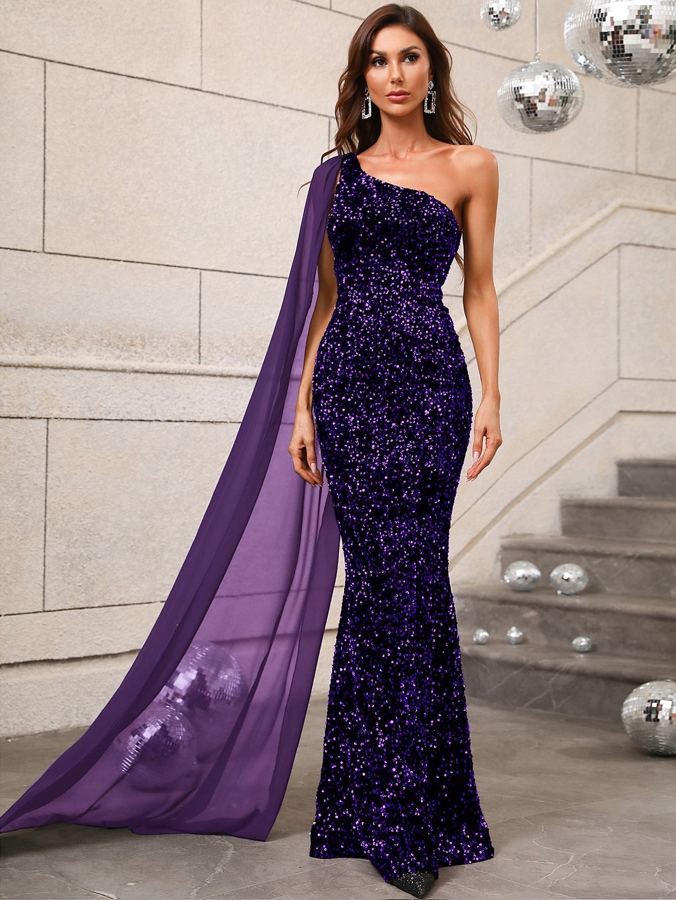 One Shoulder Contrast Mesh Cloak Sleeve Sequins Prom Dress