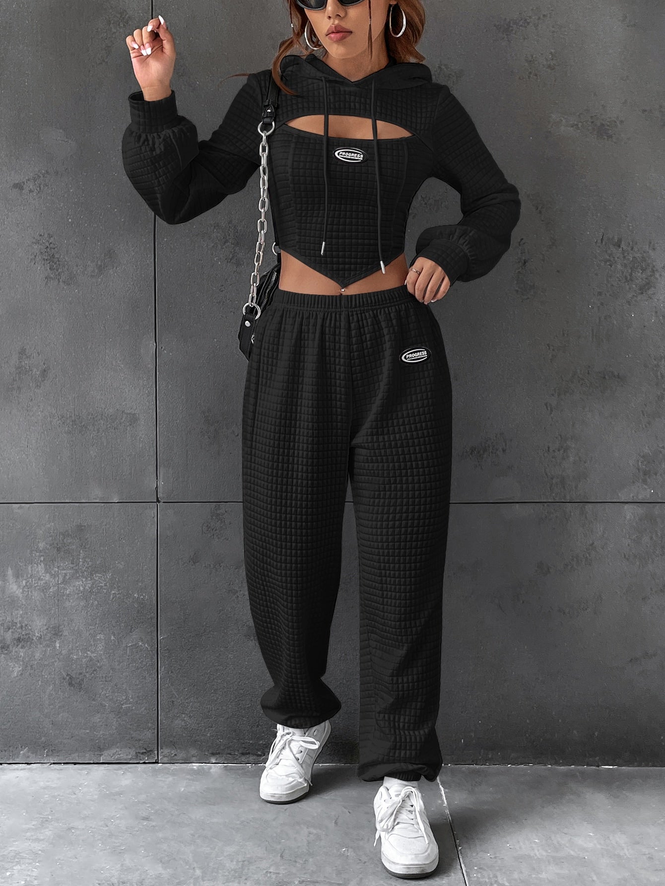 Coolane Letter Patched Detail Cutout Drawstring Hoodie & Sweatpants