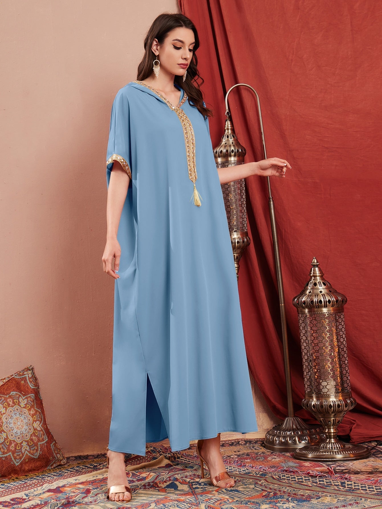 Najma Contrast Embroidered Trim Split Hem Kaftan