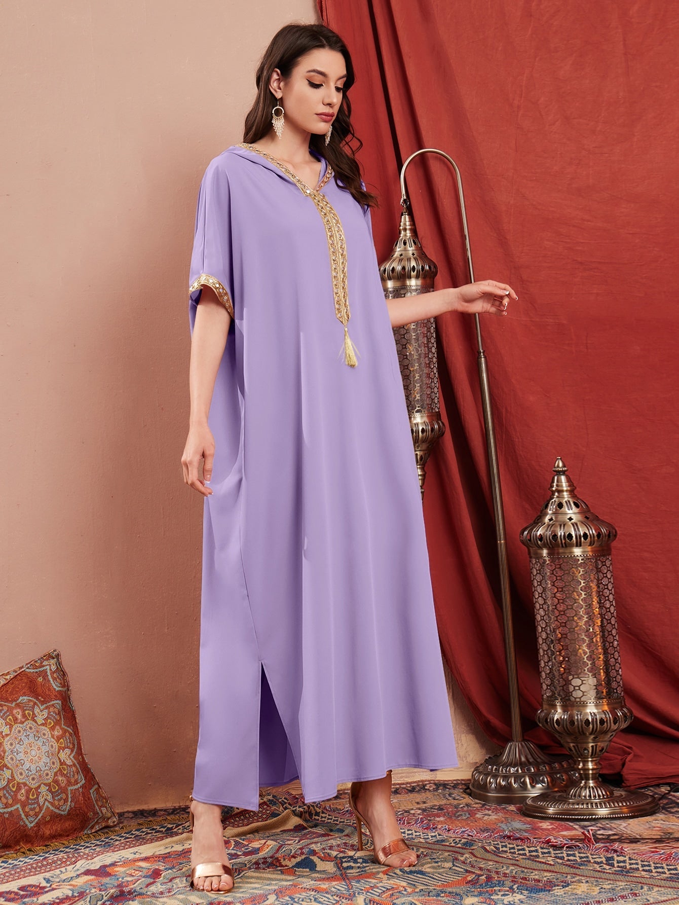 Najma Contrast Embroidered Trim Split Hem Kaftan