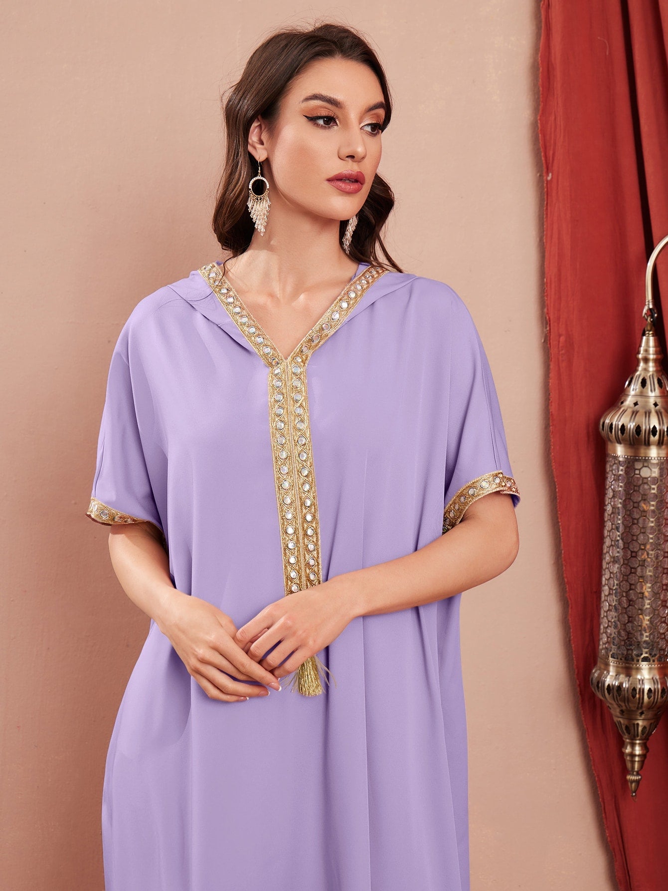 Najma Contrast Embroidered Trim Split Hem Kaftan