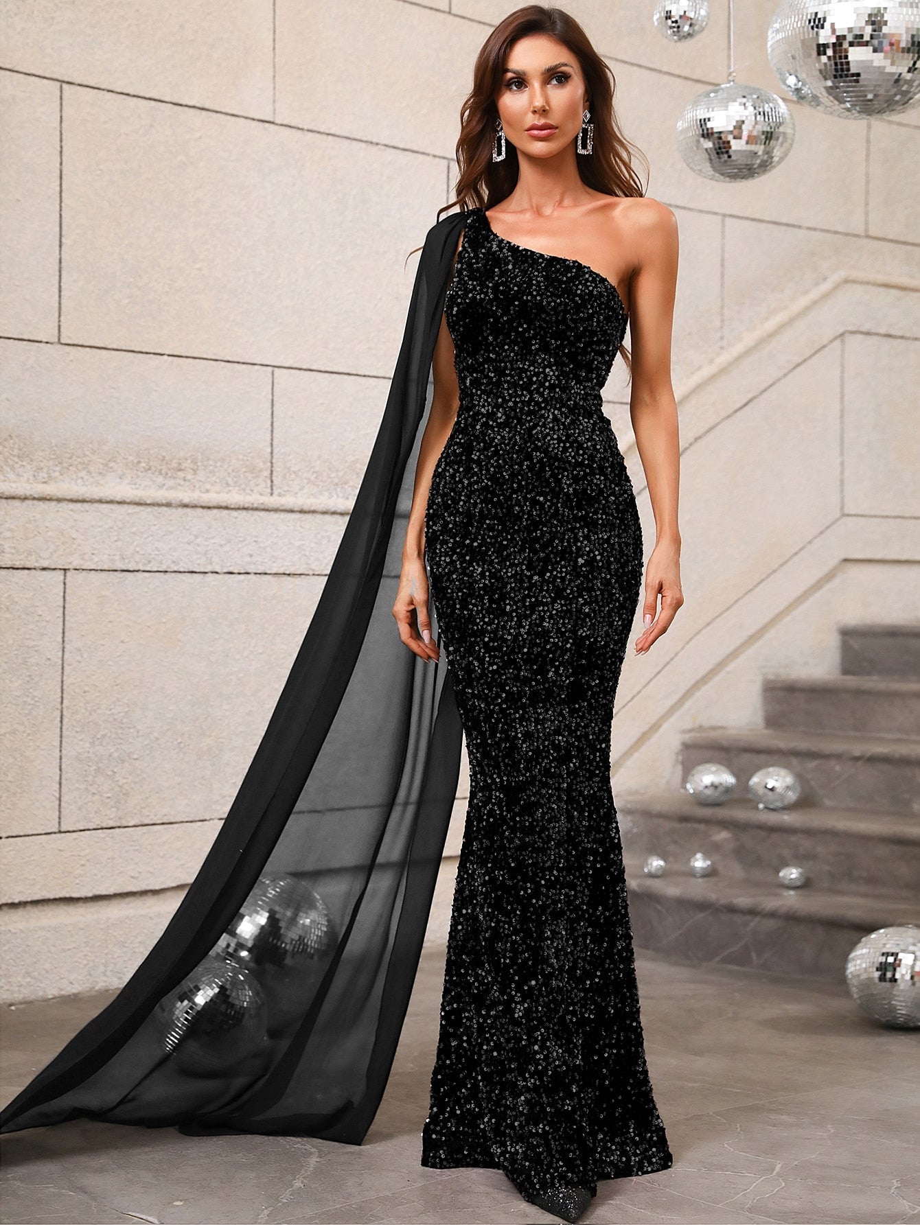 One Shoulder Contrast Mesh Cloak Sleeve Sequins Prom Dress