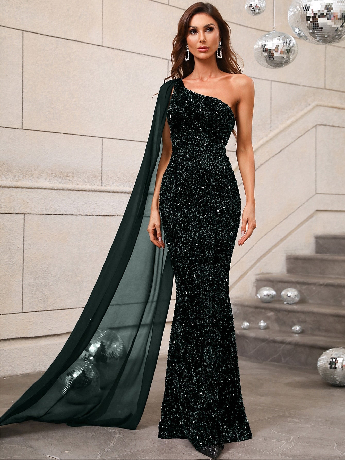 One Shoulder Contrast Mesh Cloak Sleeve Sequins Prom Dress