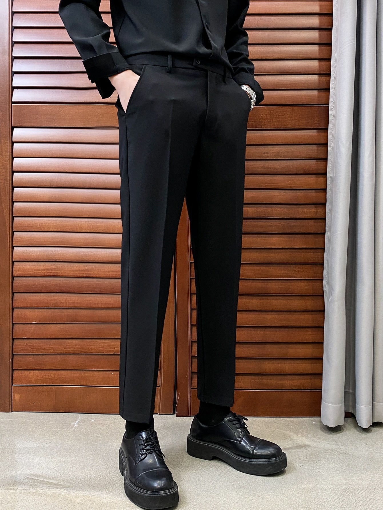 Men Slant Pocket Solid Suit Pants