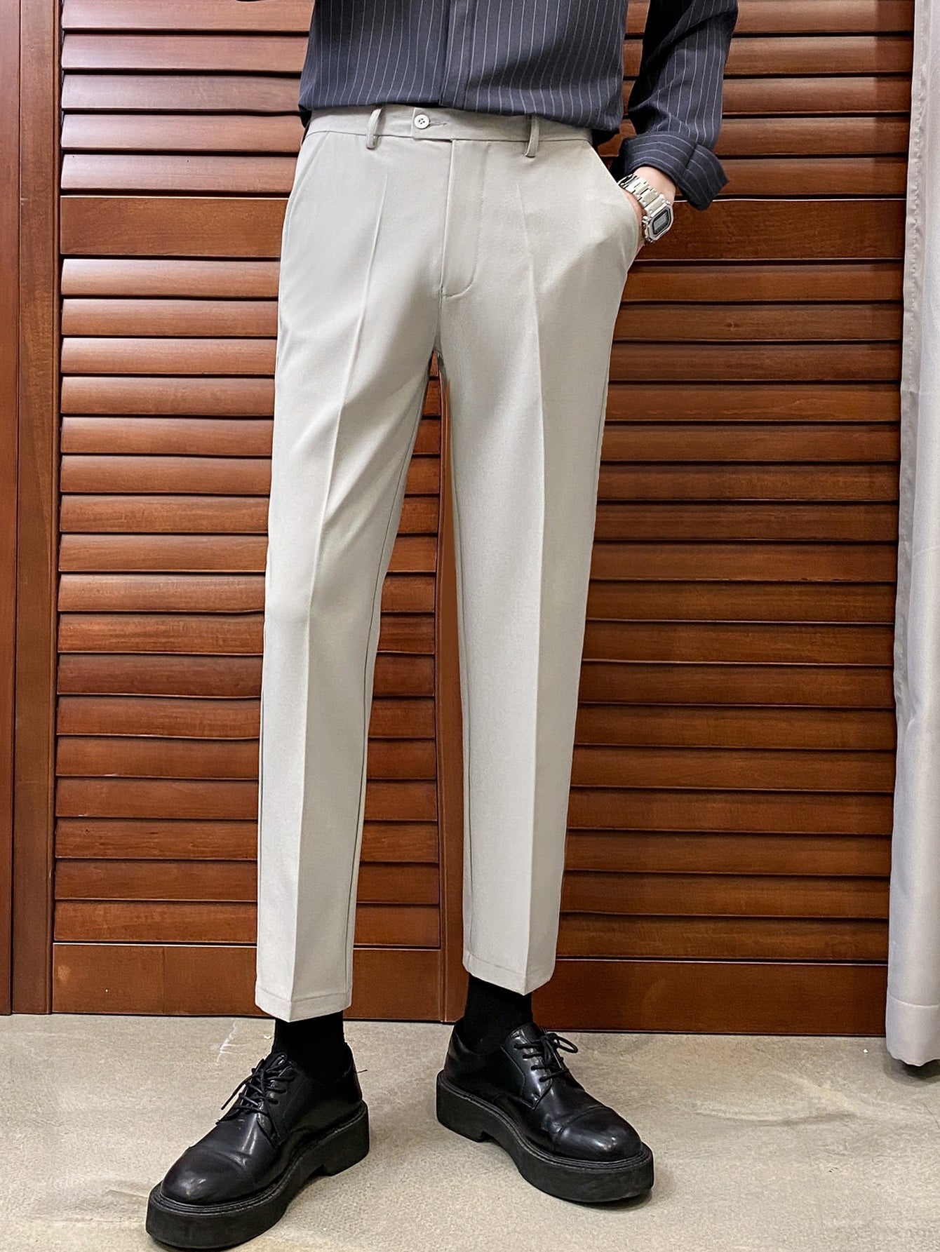 Men Slant Pocket Solid Suit Pants