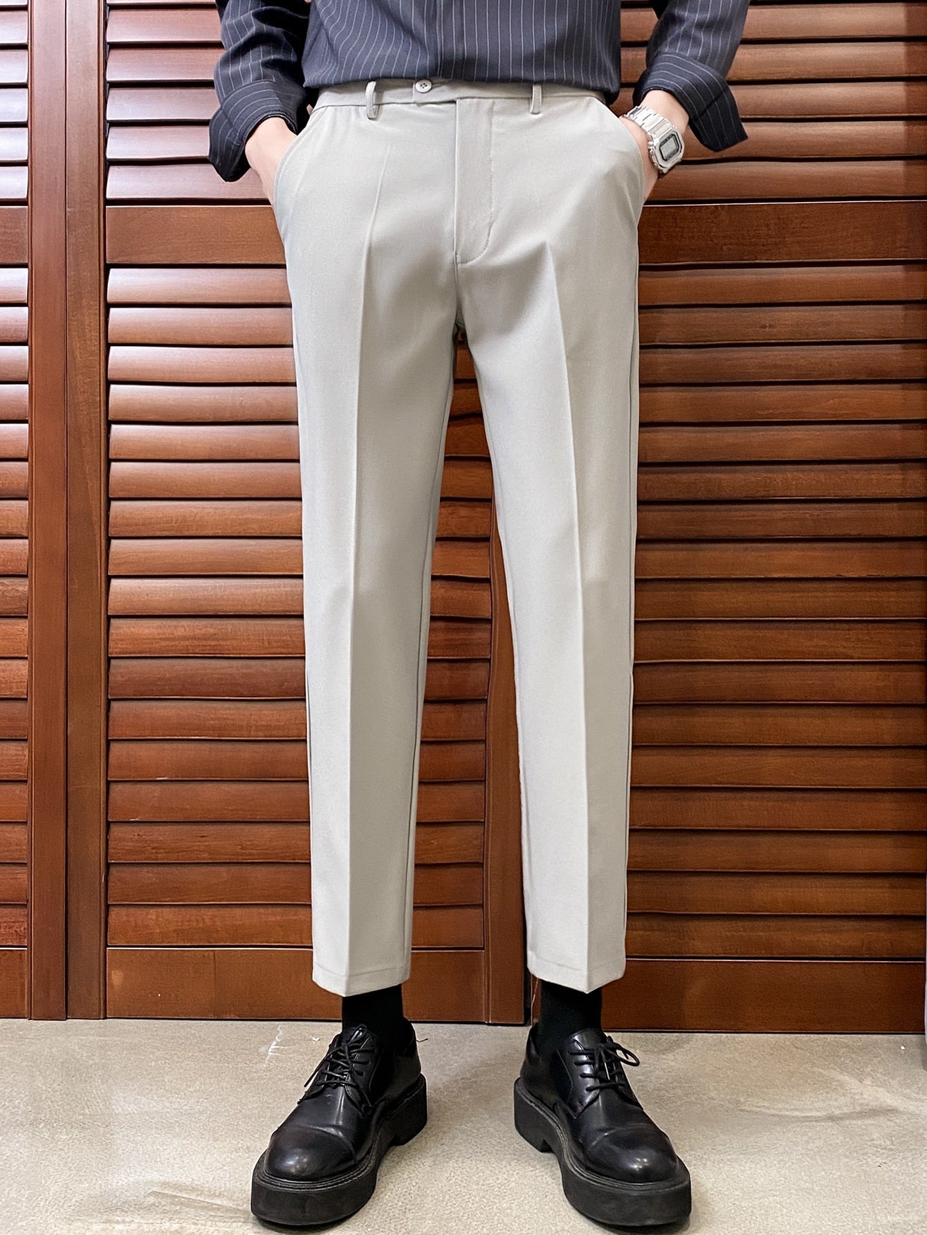 Men Slant Pocket Solid Suit Pants