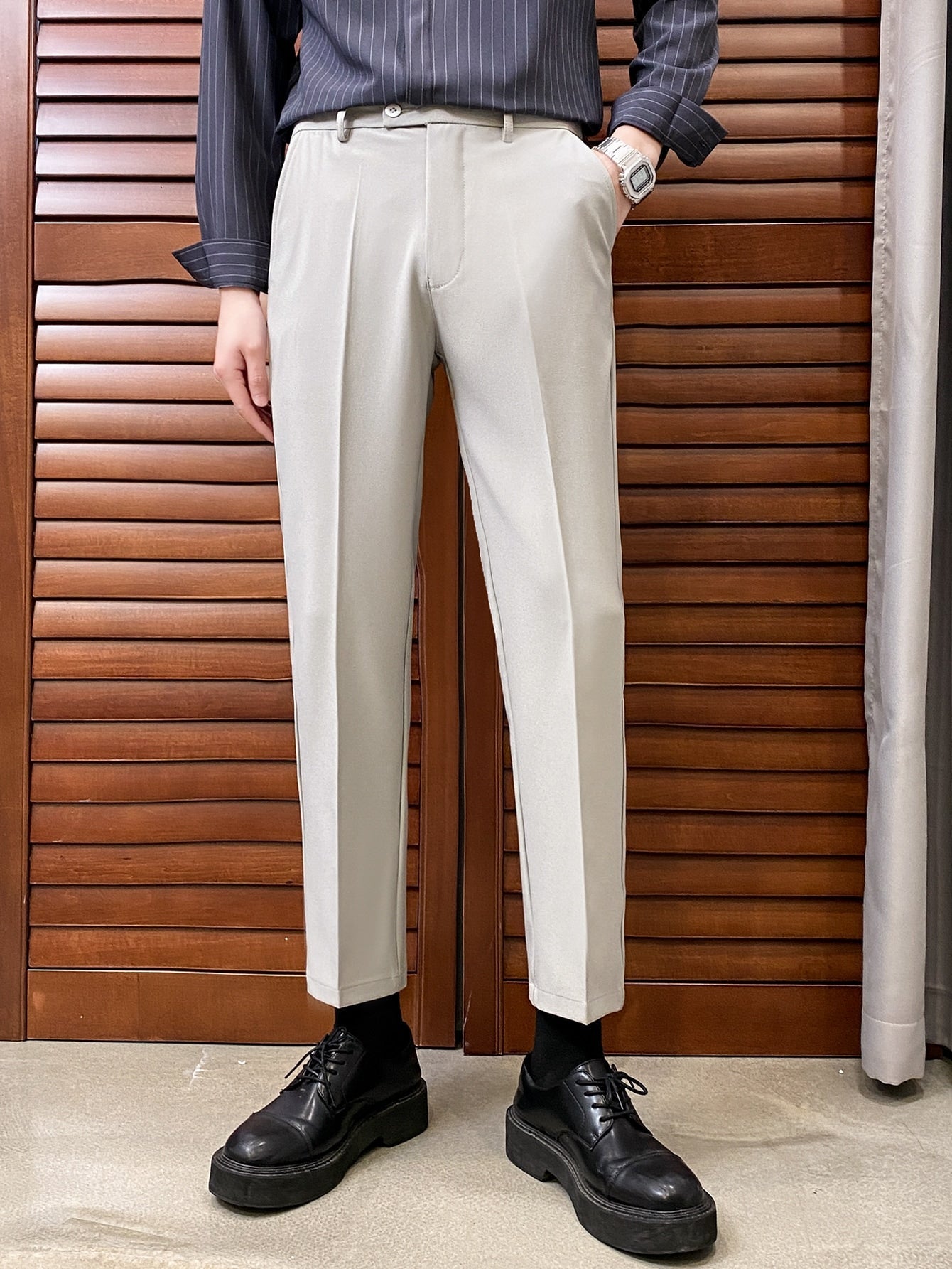 Men Slant Pocket Solid Suit Pants