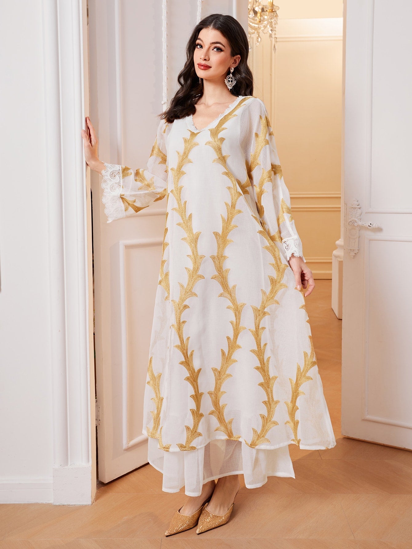 Najma Gold Plant Print Contrast Lace Trumpet Sleeve Ruffle Hem Kaftan Dress