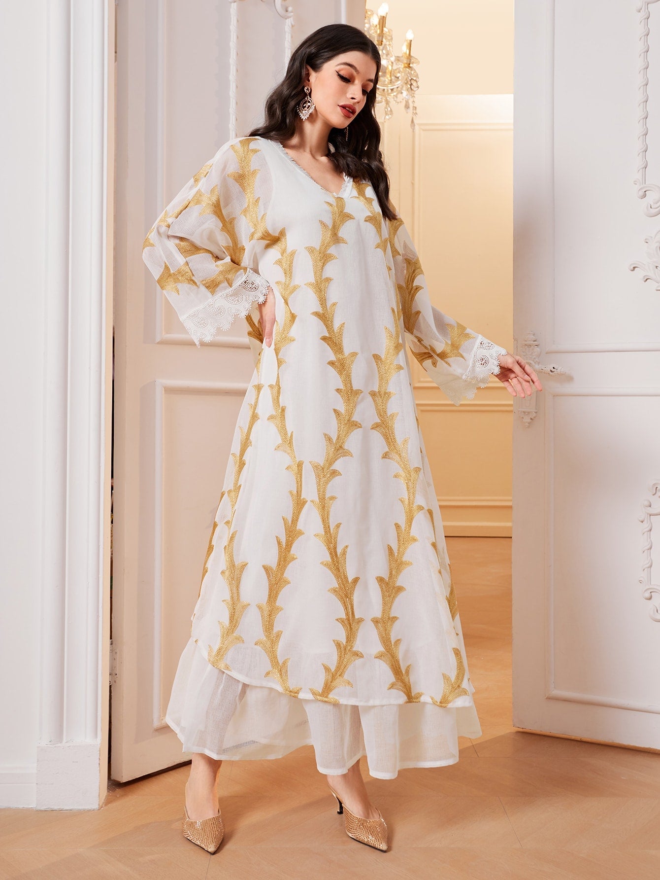 Najma Gold Plant Print Contrast Lace Trumpet Sleeve Ruffle Hem Kaftan Dress