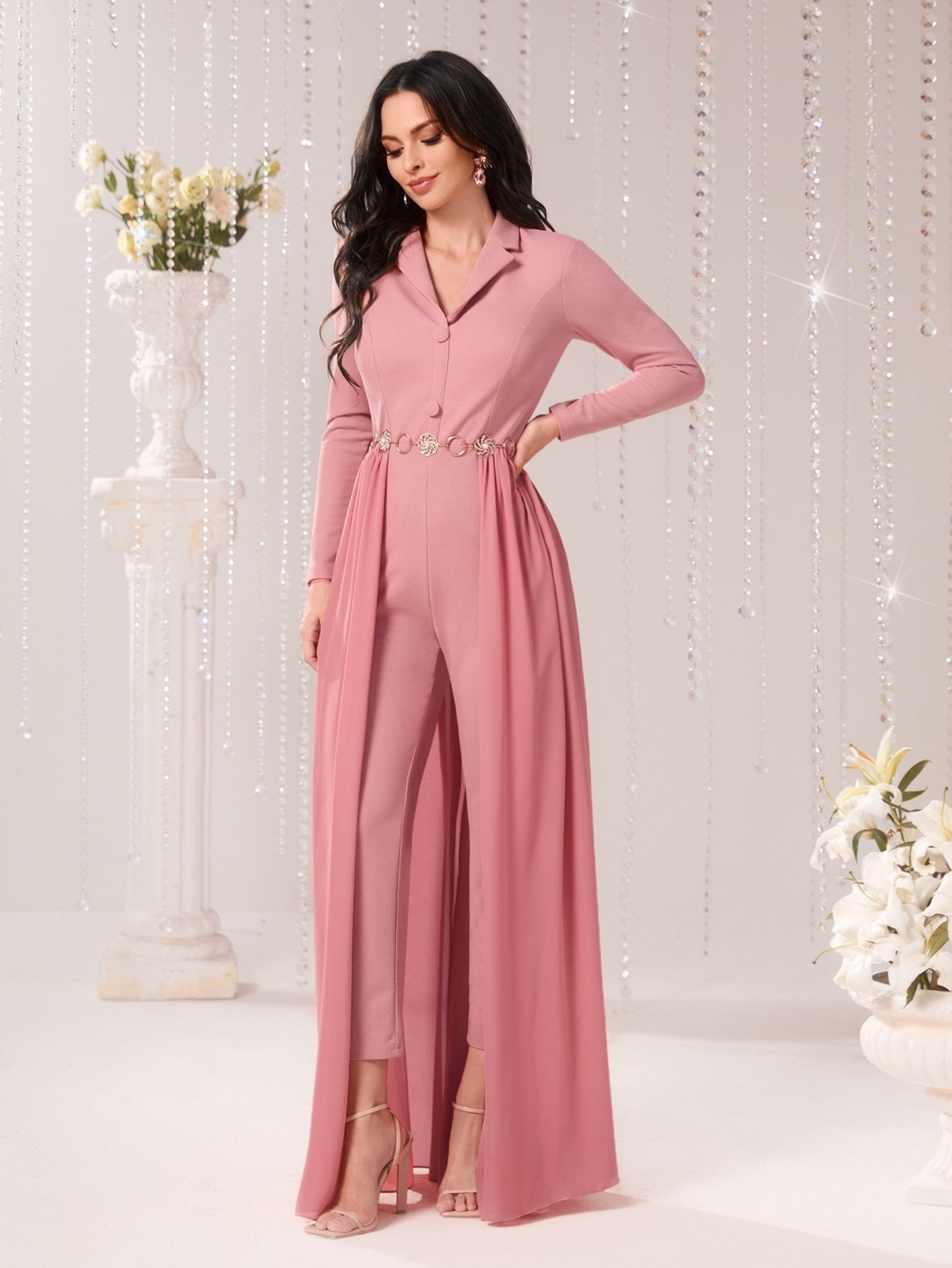 Mulvari Lapel Collar Solid Shirt Jumpsuit With Skirt