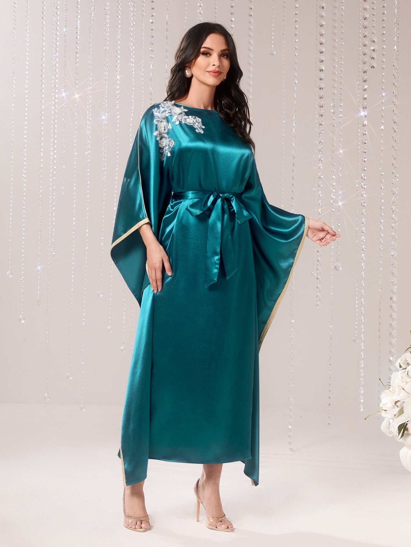 Modely Applique Detail Batwing Sleeve Belted Dress