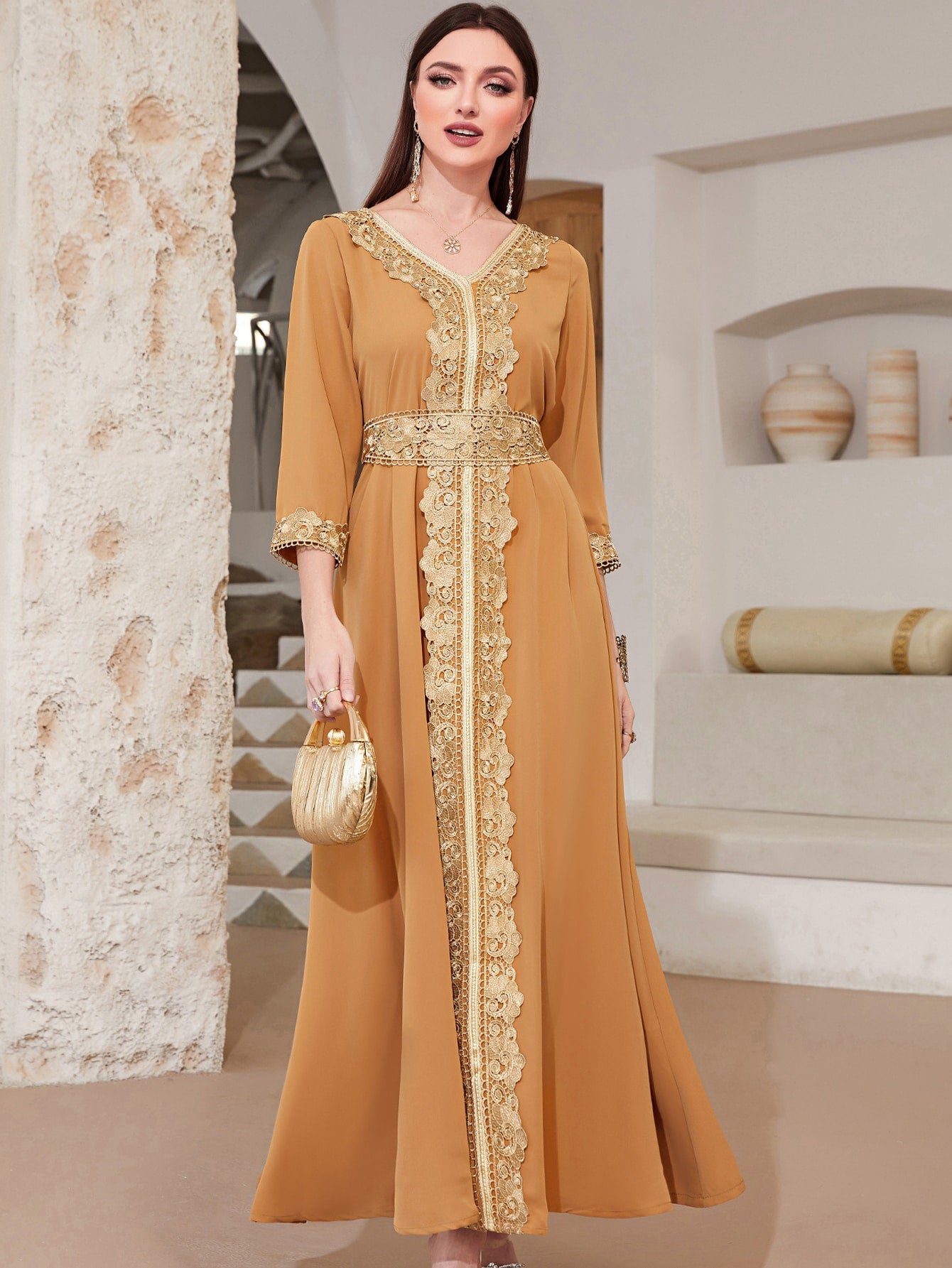 Najma Contrast Lace Tie Back Kaftan