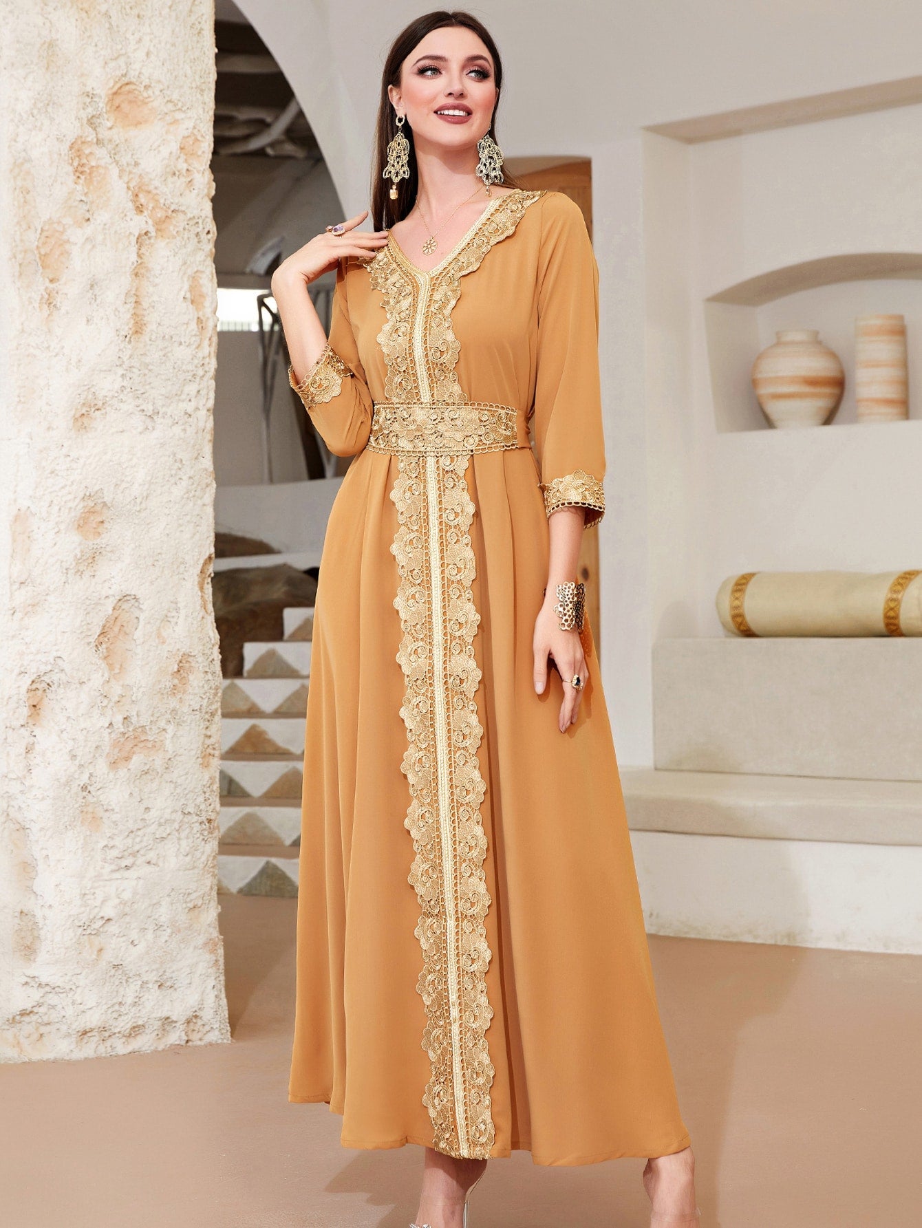 Najma Contrast Lace Tie Back Kaftan