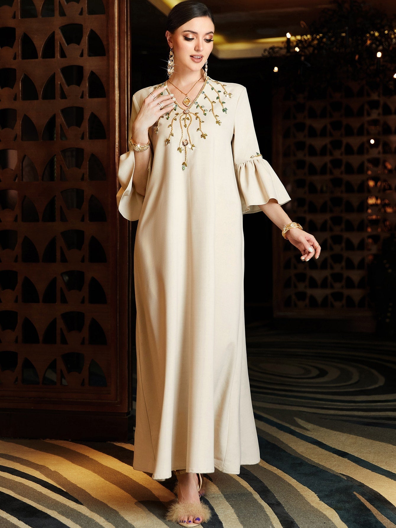 Najma Rhinestone Detail Flounce Sleeve Kaftan