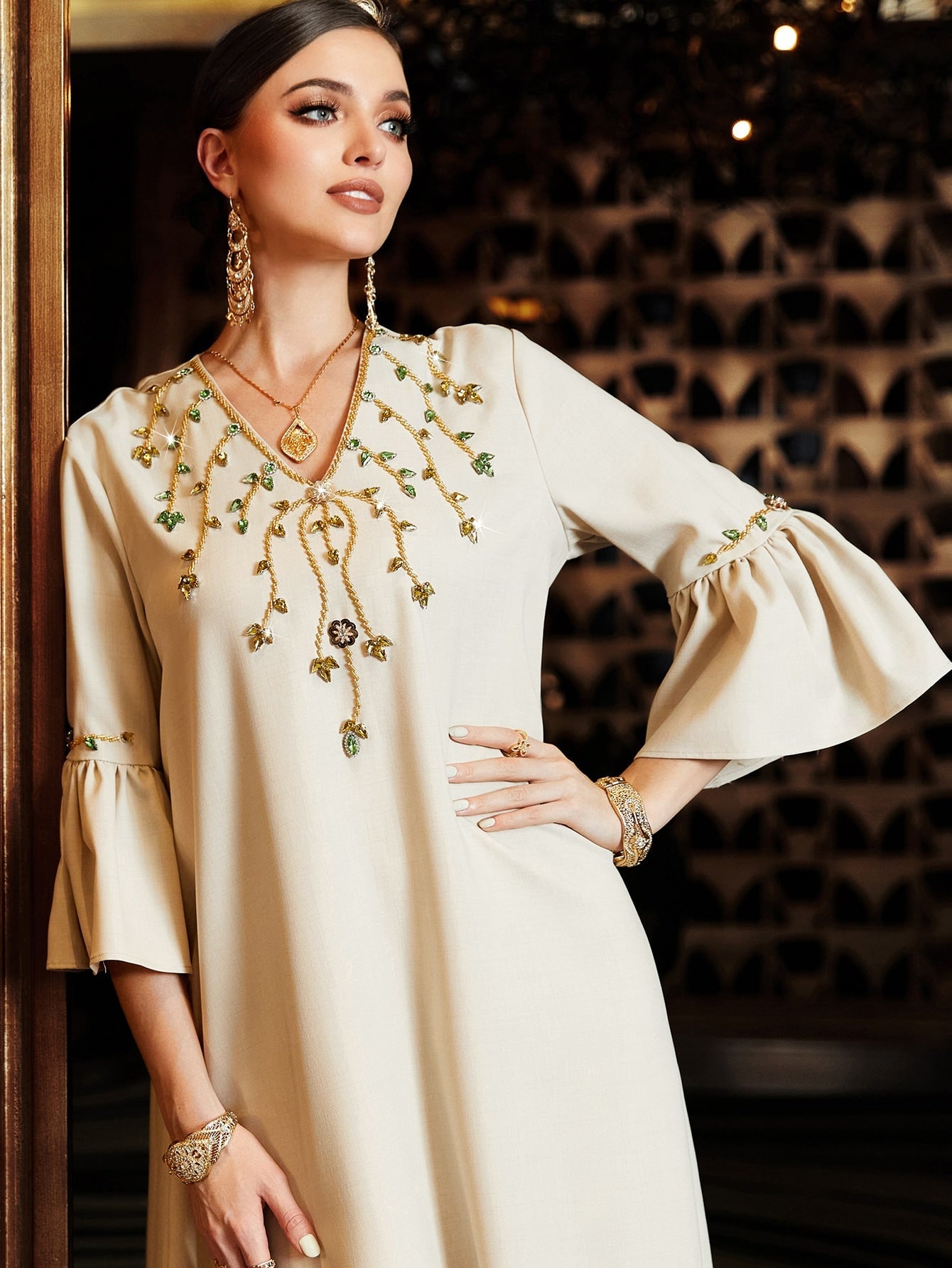 Najma Rhinestone Detail Flounce Sleeve Kaftan