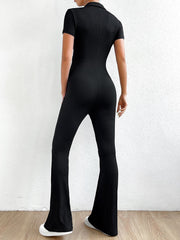 EZwear Solid Ribbed Knit Zip Up Flare Leg Jumpsuit