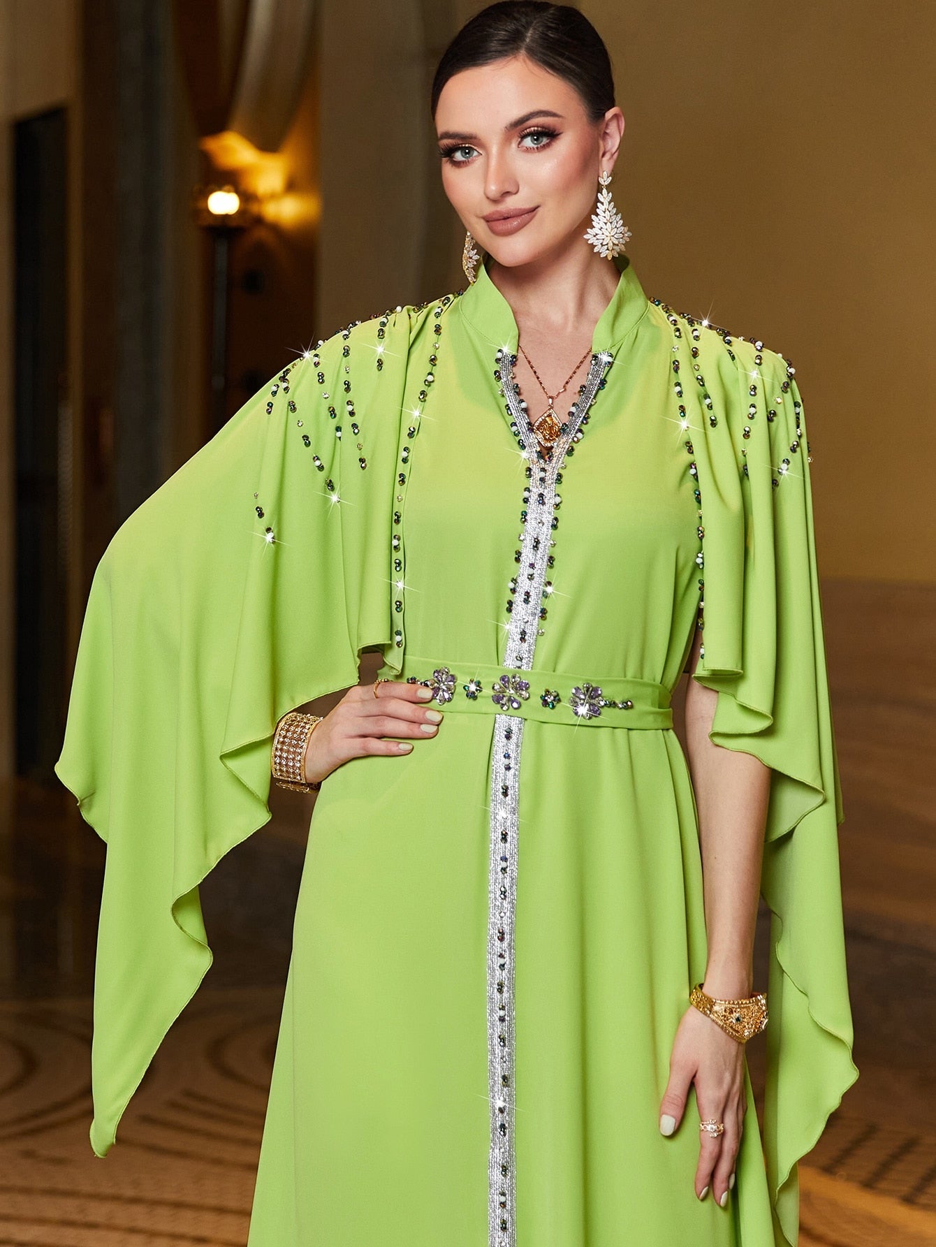 Najma Rhinestone Detail Cloak Sleeve Belted Dress