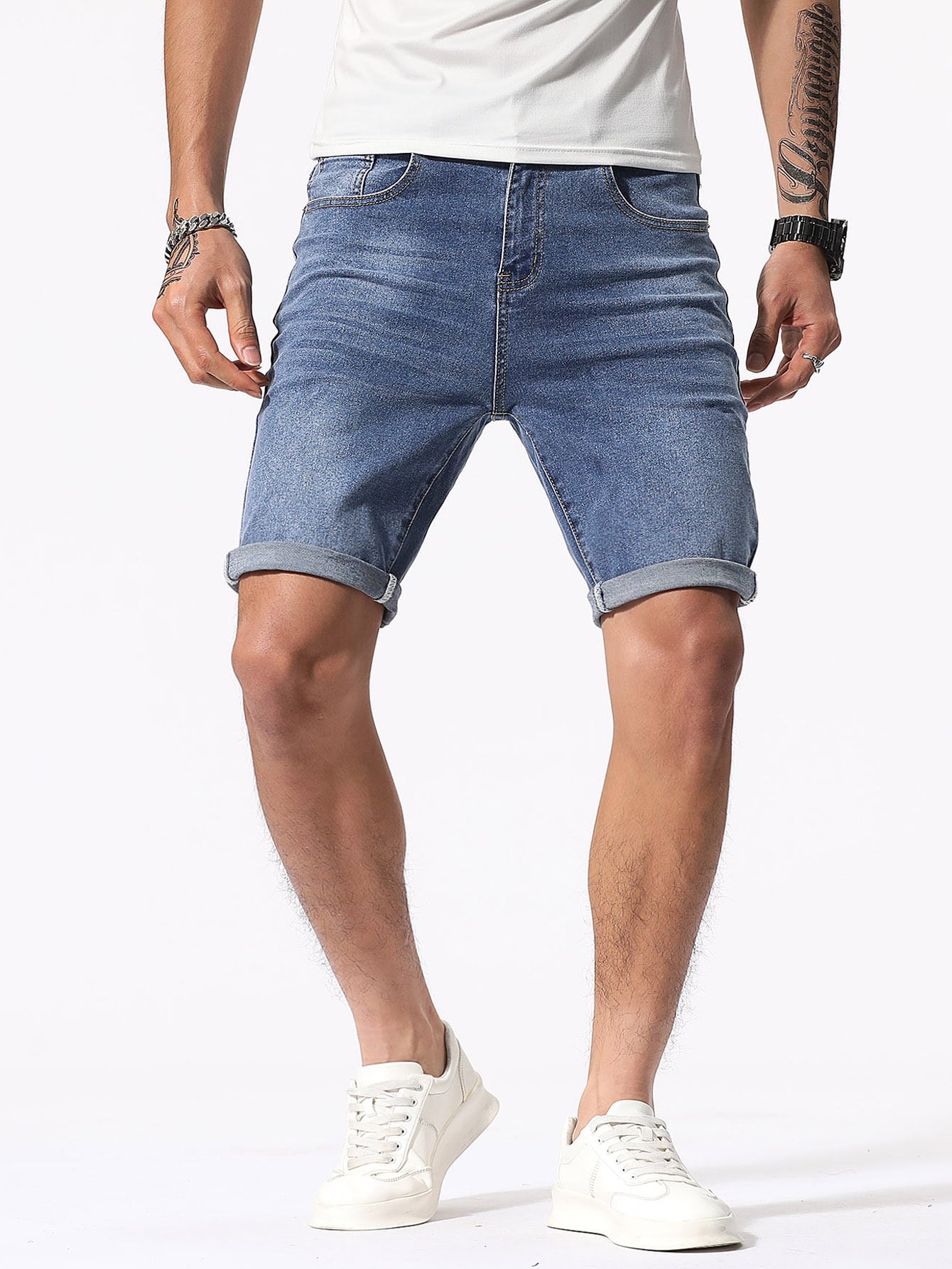 Manfinity Homme Men Cotton Cat Whisker Washed Bermuda Denim Shorts