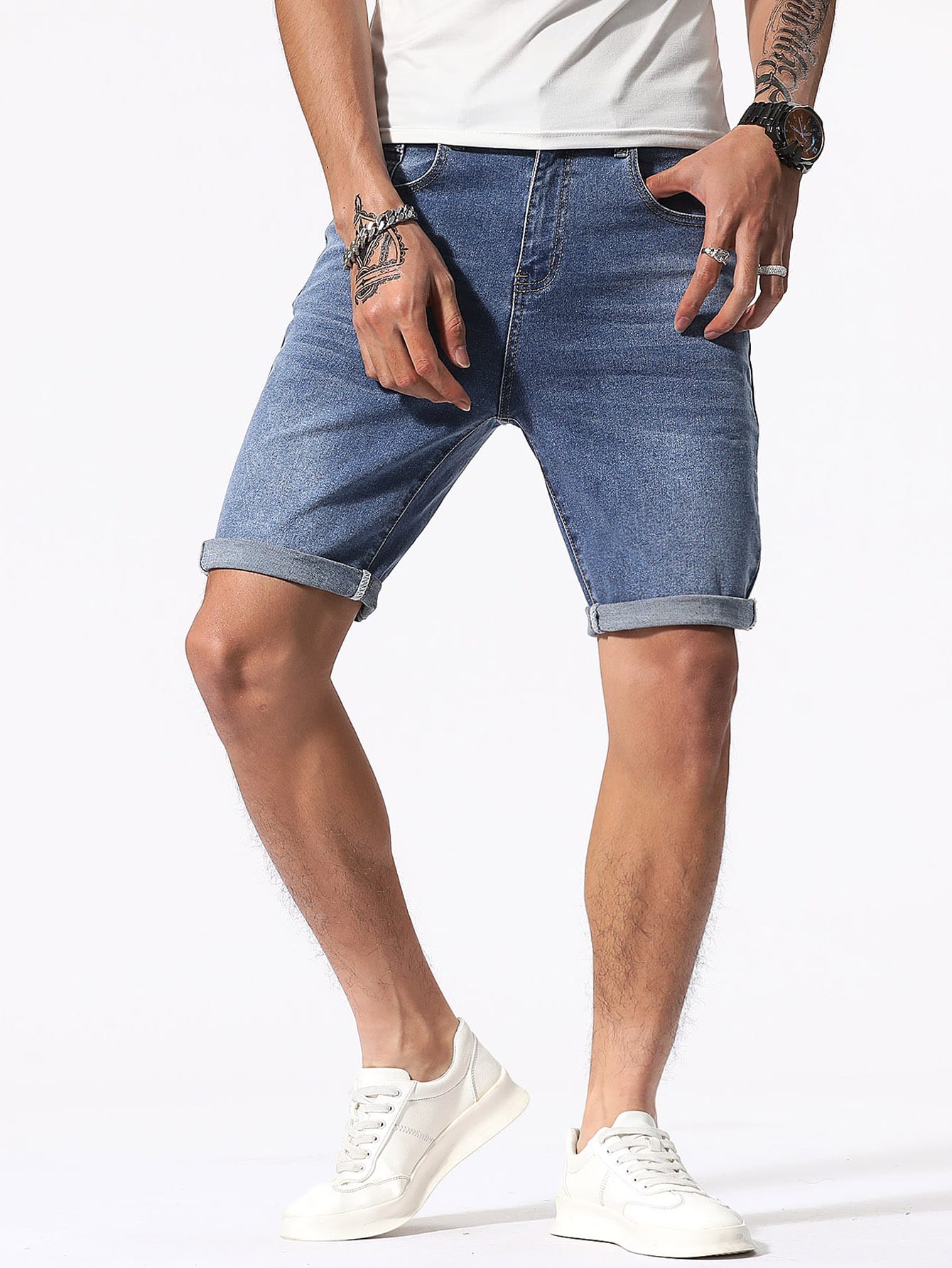 Manfinity Homme Men Cotton Cat Whisker Washed Bermuda Denim Shorts