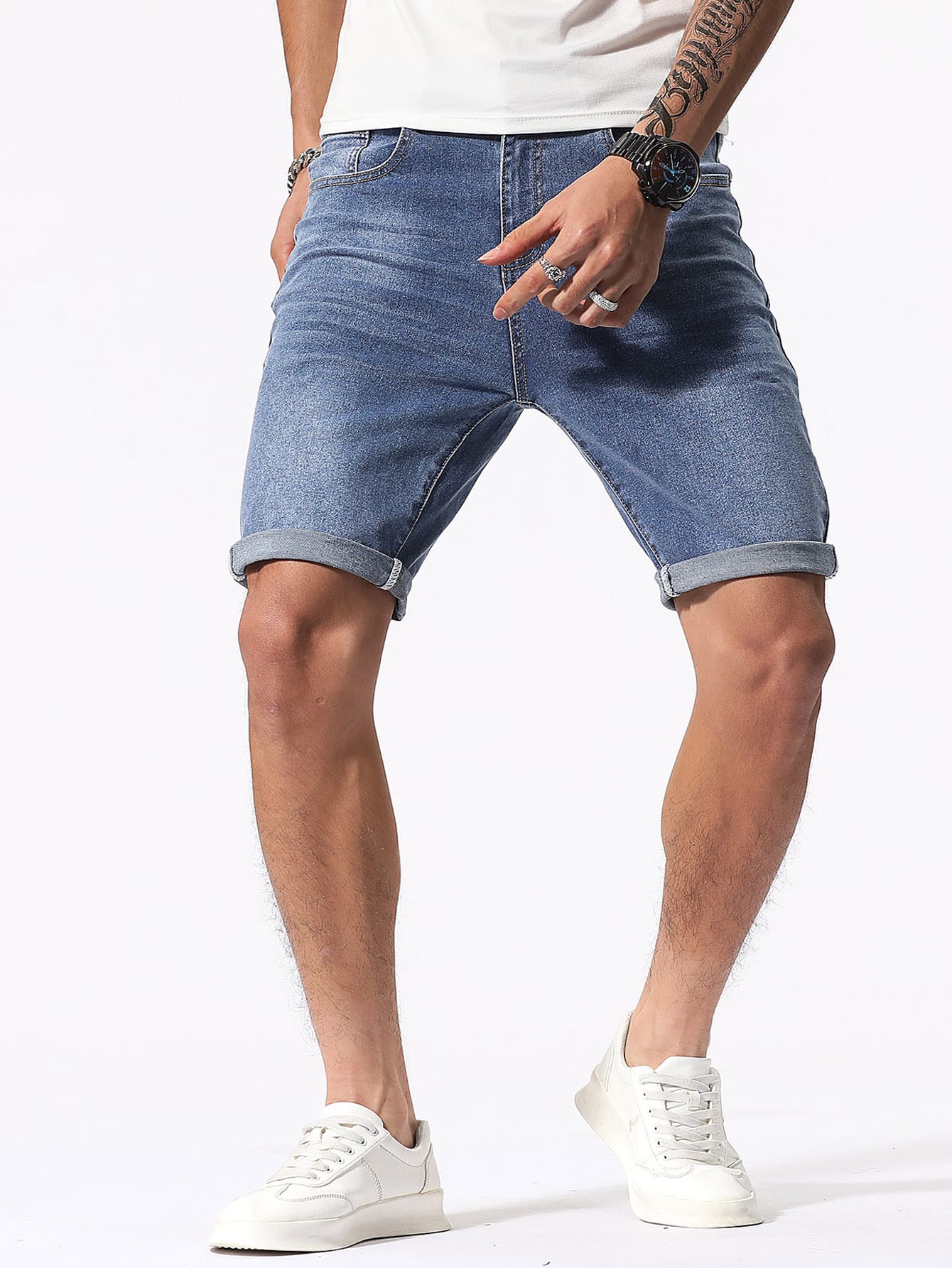 Manfinity Homme Men Cotton Cat Whisker Washed Bermuda Denim Shorts