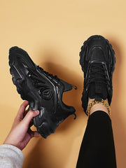 Women Fire Pattern Chunky Sneakers Lace-up Front Sports Shoes White, Ladies' Chunky Sneakers With Black Splice Design