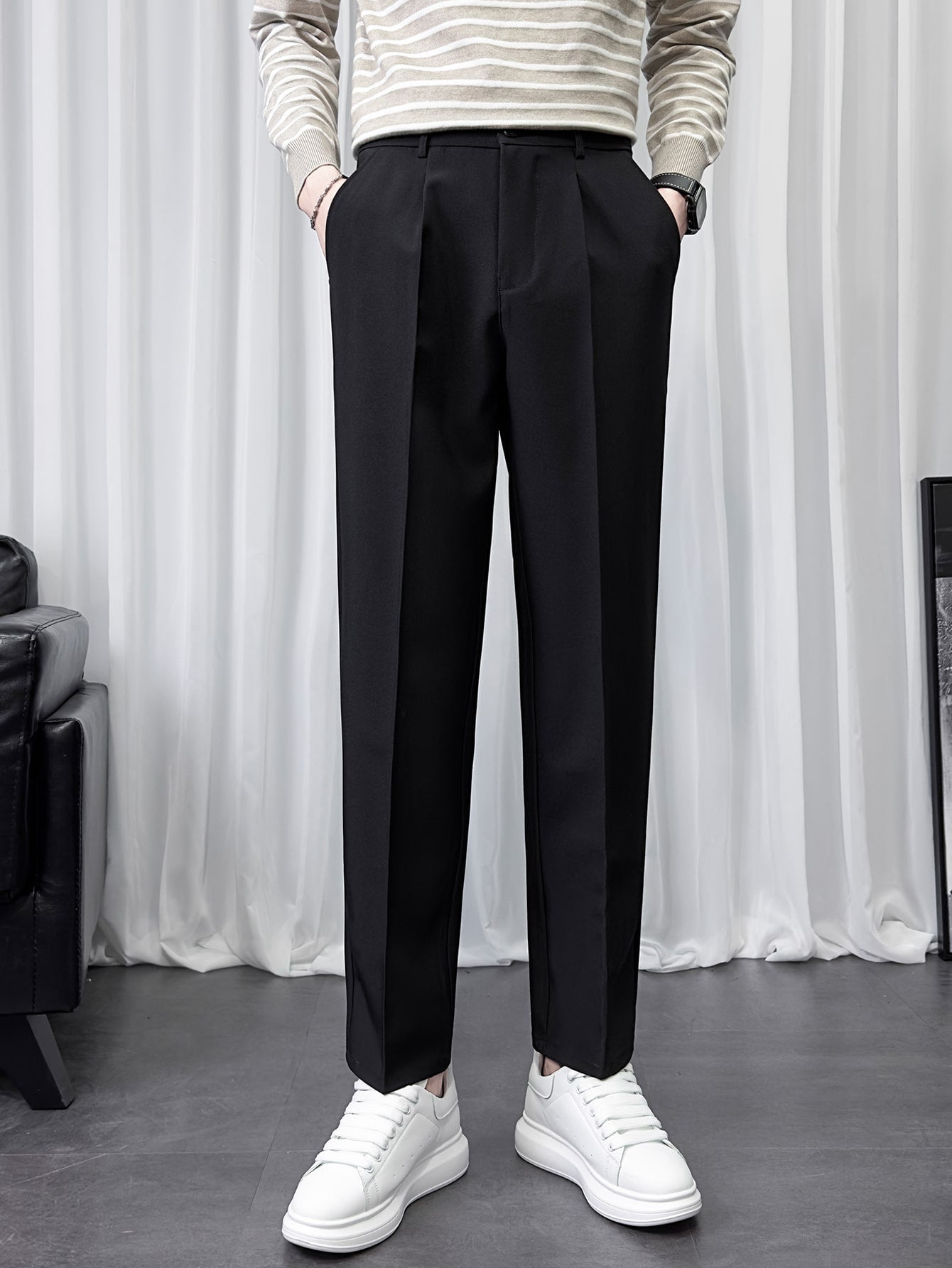 Men Fold Pleated Slant Pocket Suit Pants