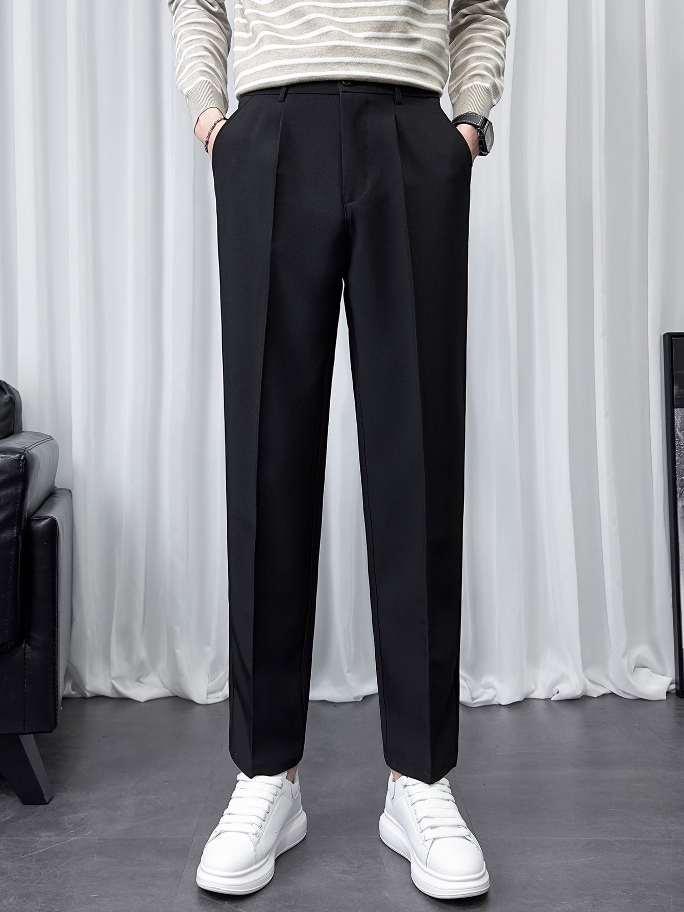 Men Fold Pleated Slant Pocket Suit Pants