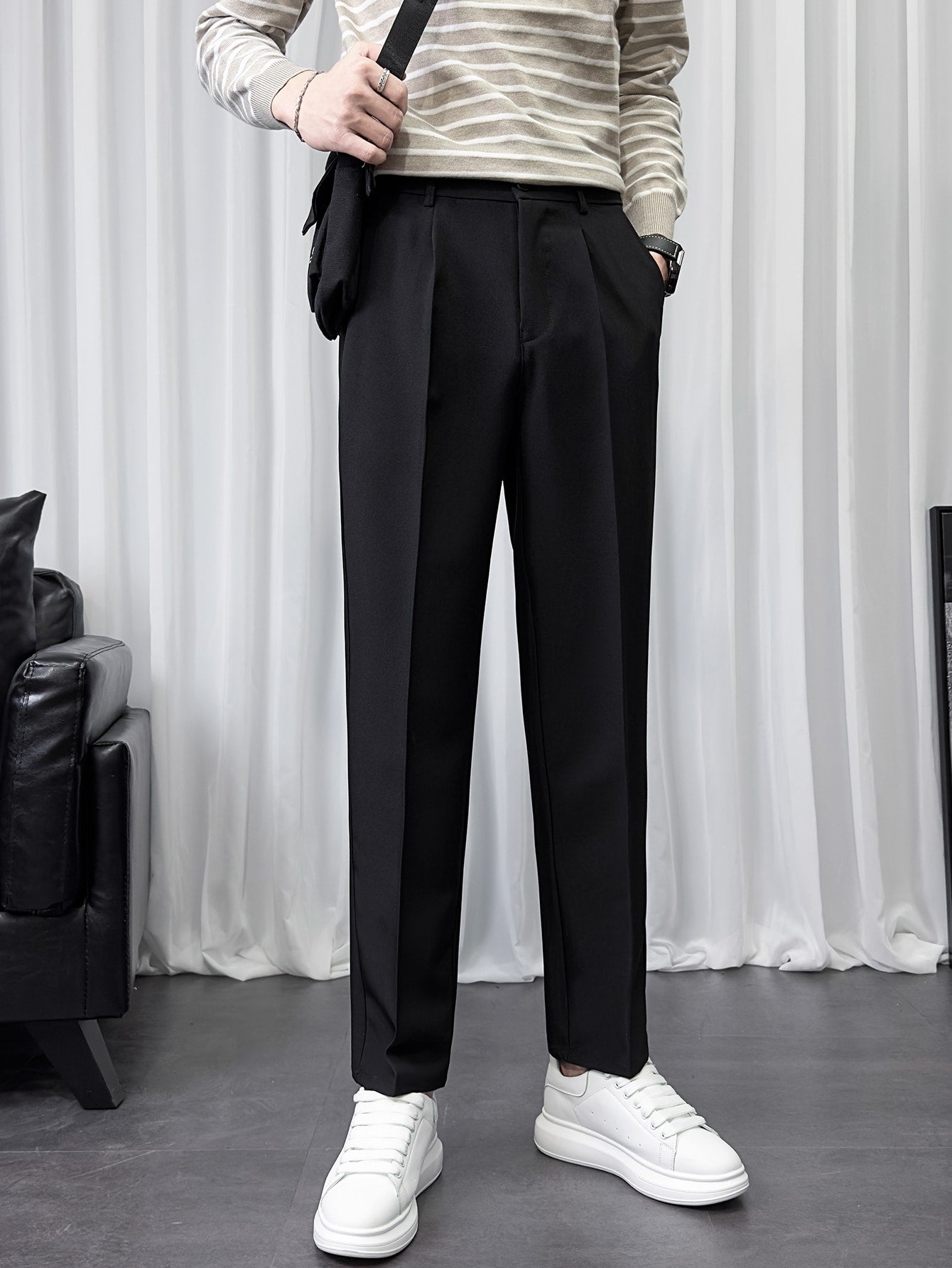 Men Fold Pleated Slant Pocket Suit Pants