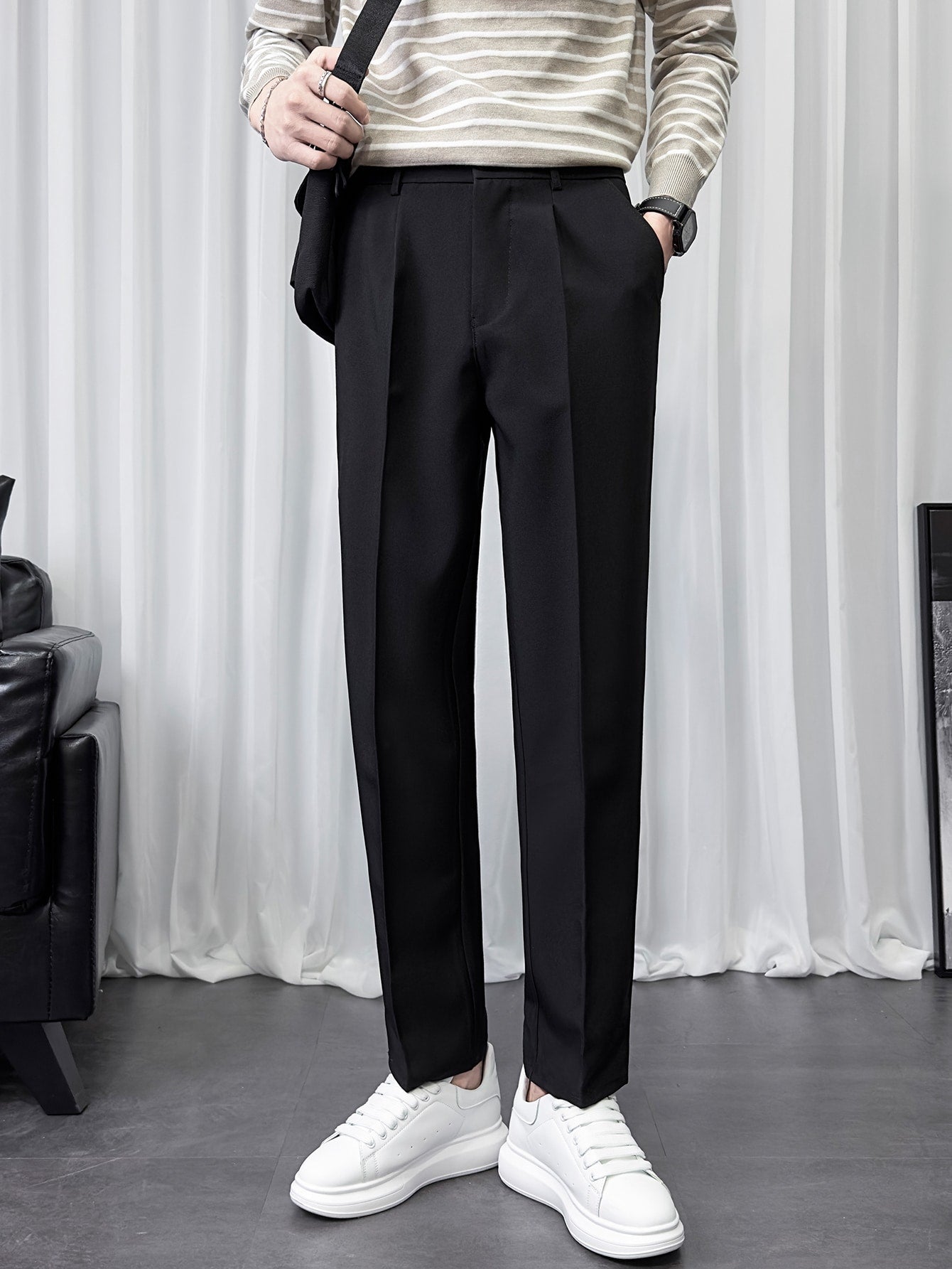 Men Fold Pleated Slant Pocket Suit Pants