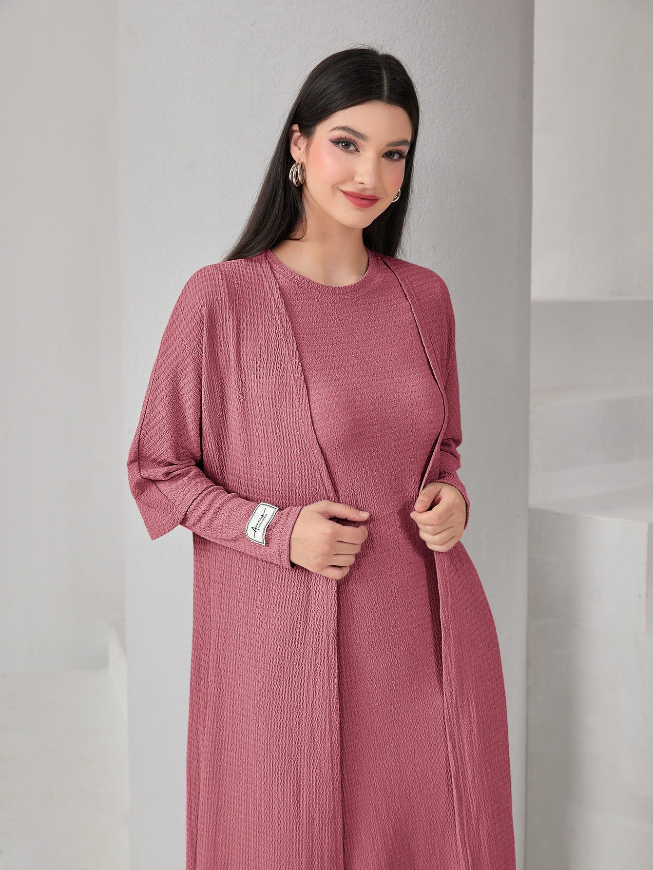 Mulvari Textured Knit Open Front Abaya & Dress