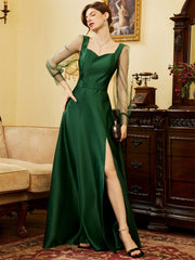 Contrast Mesh Lantern Sleeve Split Thigh Satin Formal Dress