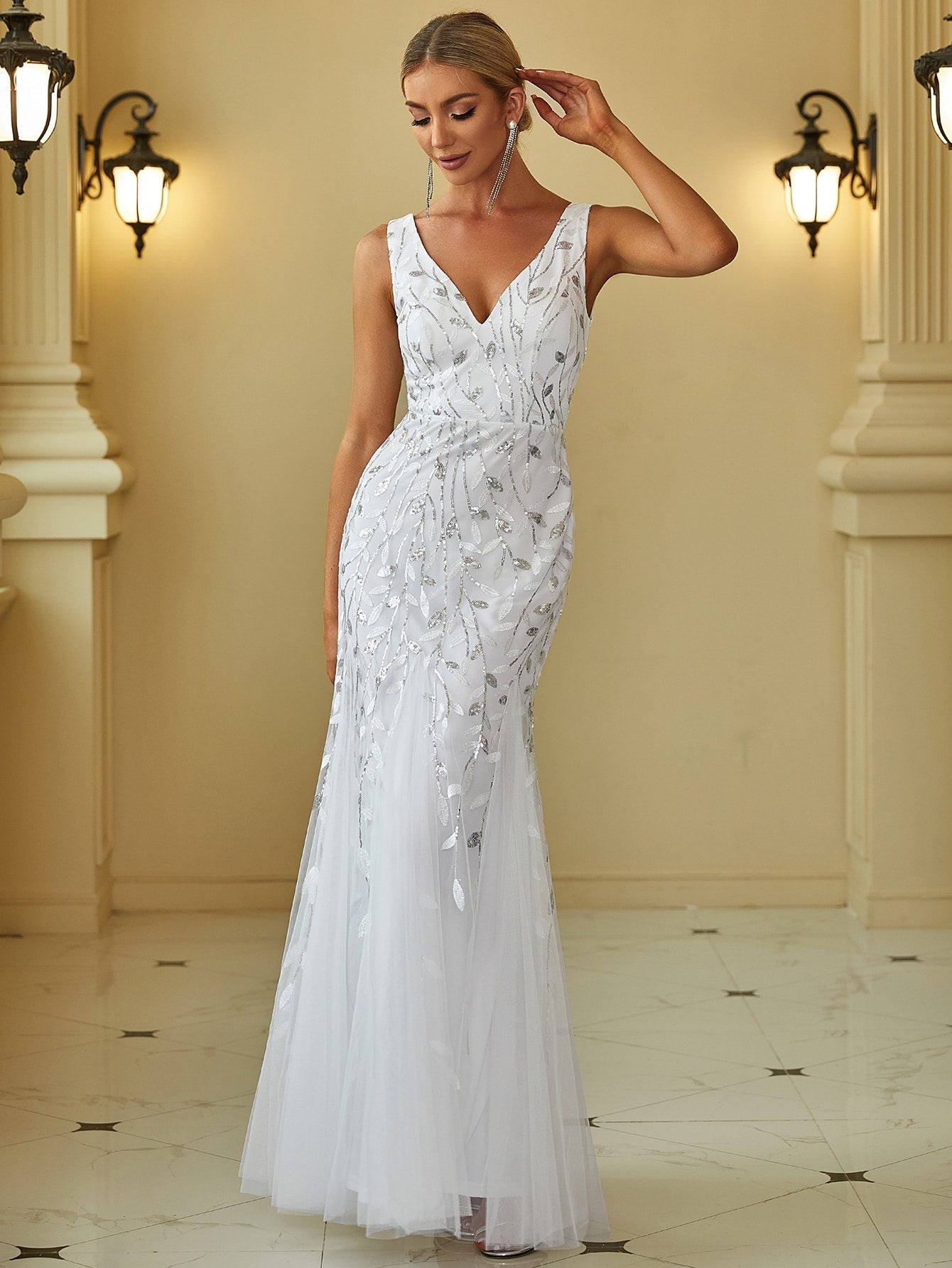 EVER-PRETTY Sequin Detail Mesh Mermaid Hem Wedding Dress