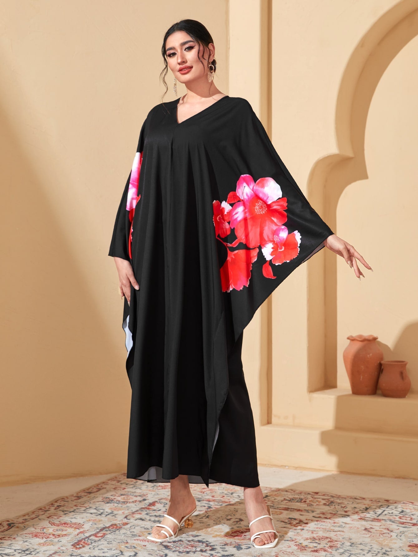 Najma Floral Print Batwing Sleeve Kaftan